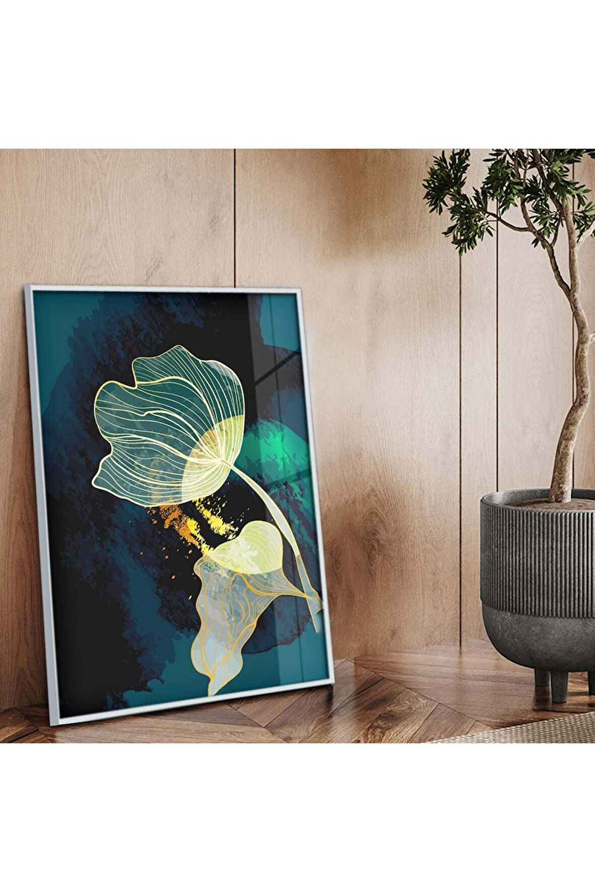 Gümüş Metal Çerçeveli Kolaj Çizim Çiçek Tema Kırılmaz Cam Tablo