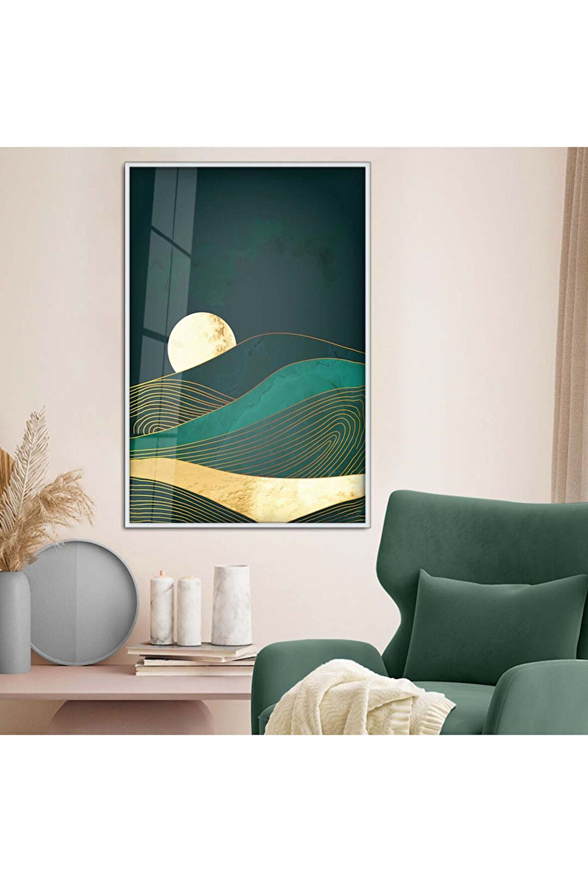 Siyah Metal Çerçeveli Kolaj Çizim Doğa Tema Kırılmaz Cam Tablo