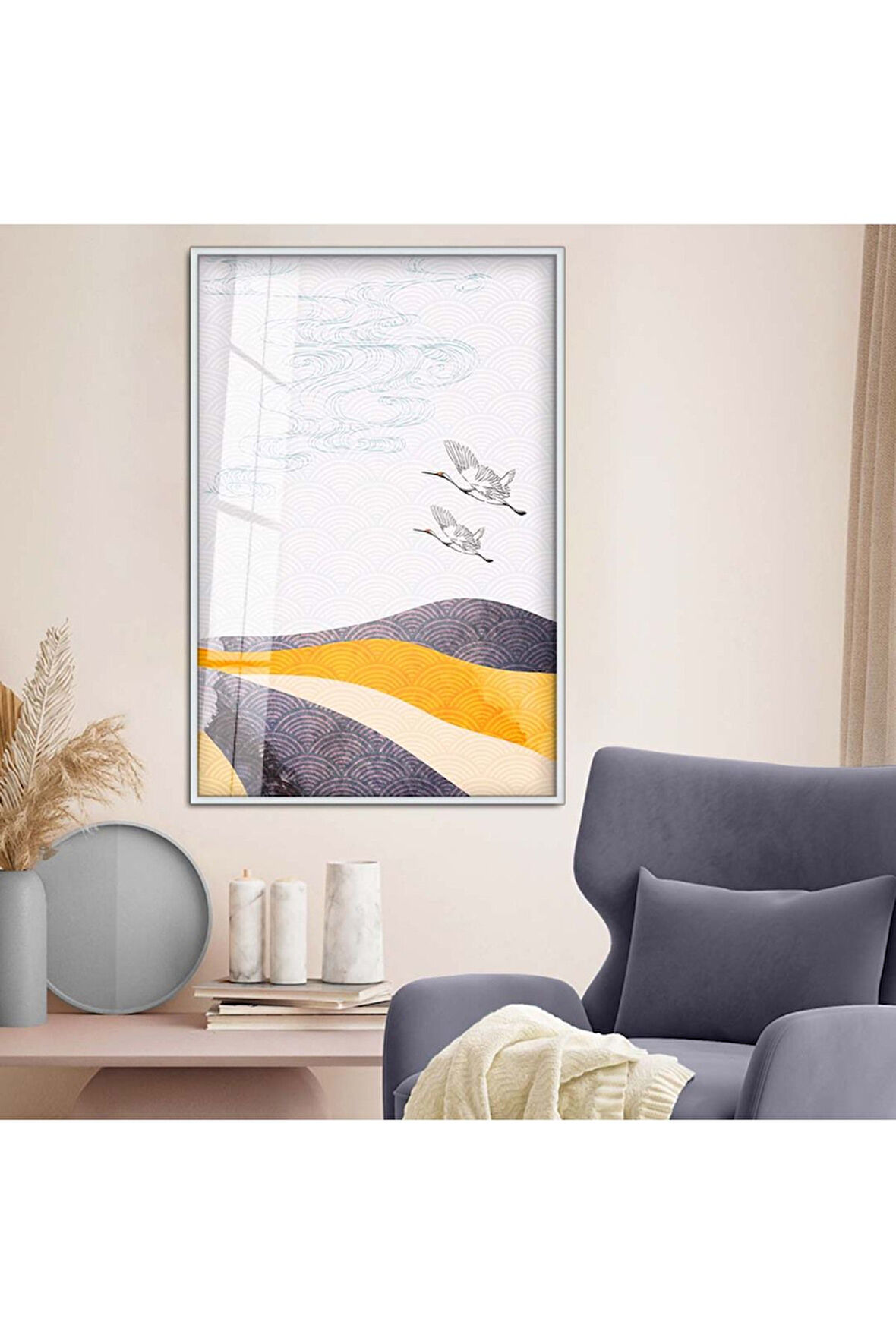 Siyah Metal Çerçeveli Modern Çizim Kuş Figür Kırılmaz Cam Tablo