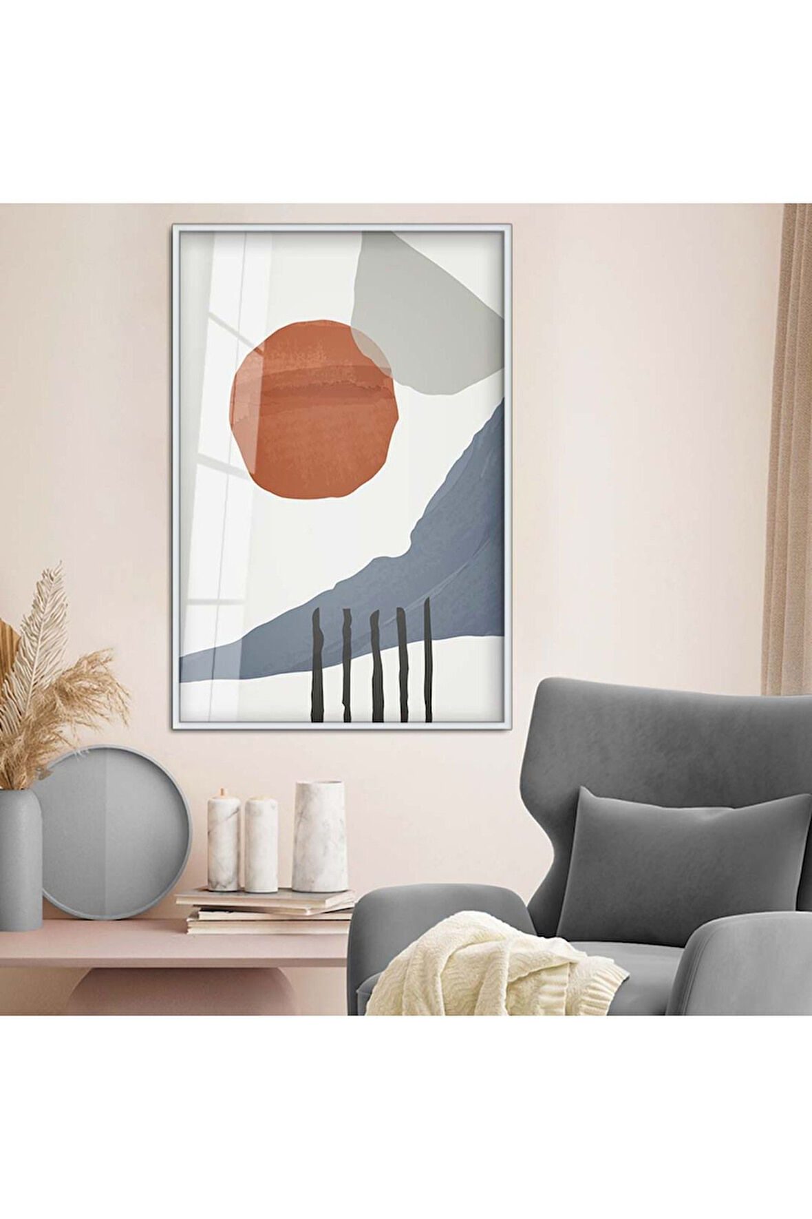 Siyah Metal Çerçeveli Kolaj Çizim Soyut Tema Kırılmaz Cam Tablo