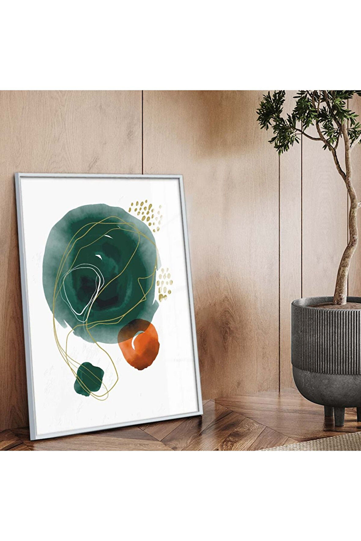 Gümüş Metal Çerçeveli Kolaj Çizim Soyut Tema Kırılmaz Cam Tablo