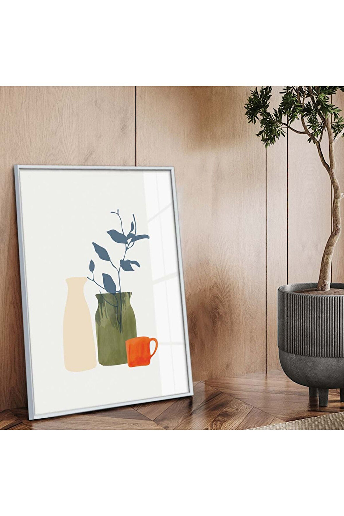 Gümüş Metal Çerçeveli Modern Çizim Vazo Tema Kırılmaz Cam Tablo