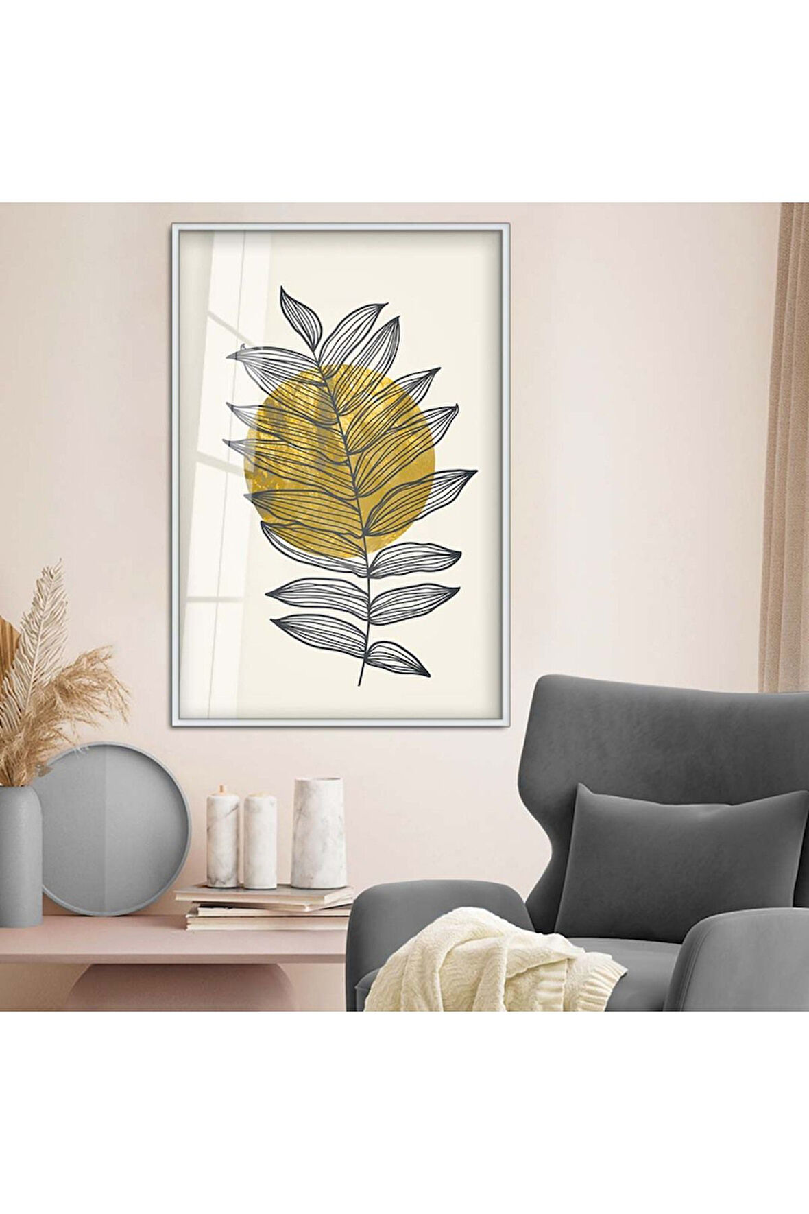 Siyah Metal Çerçeveli Modern Çizim Yaprak Tema Kırılmaz Cam Tablo