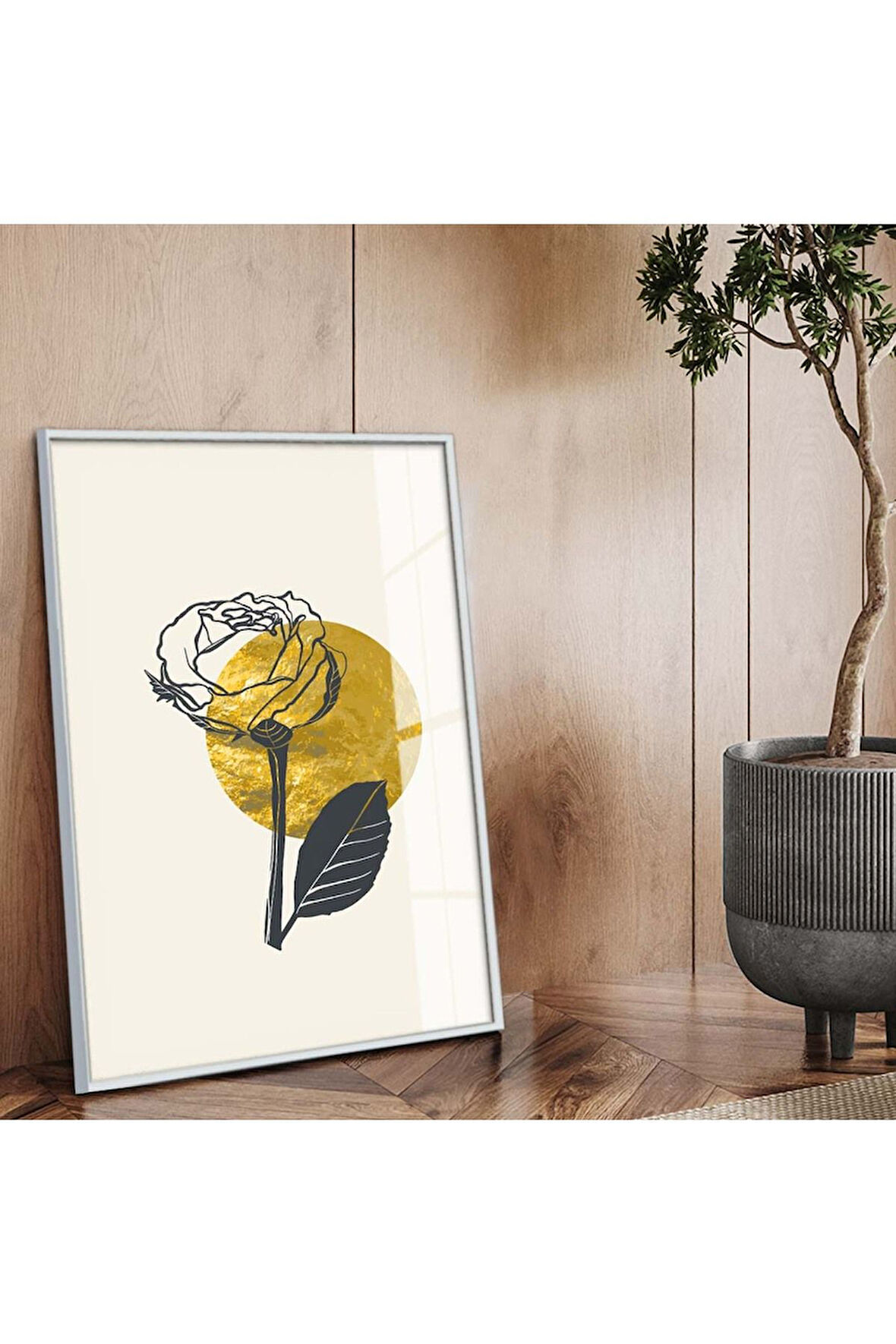 Gümüş Metal Çerçeveli Modern Çizim Gül Tema Kırılmaz Cam Tablo