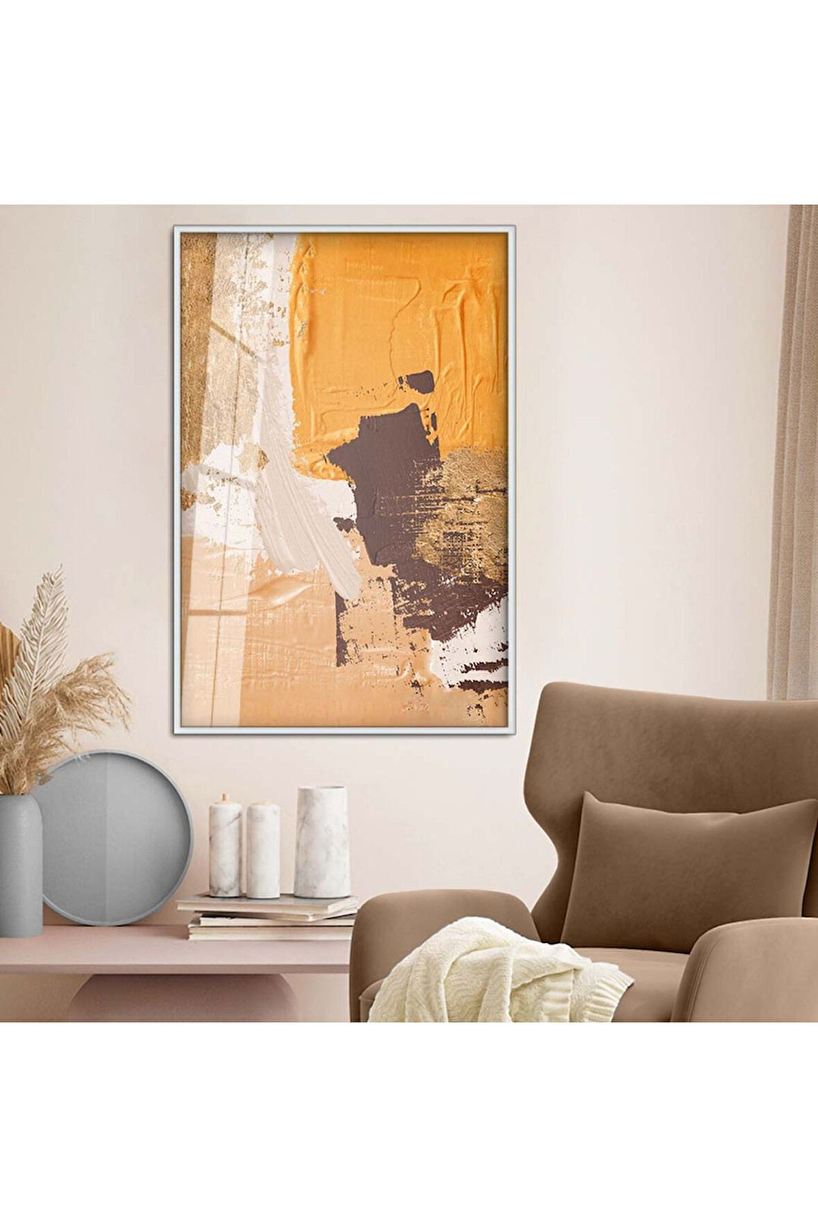 Gold Metal Çerçeveli Modern Çizim Soyut Tema Kırılmaz Cam Tablo