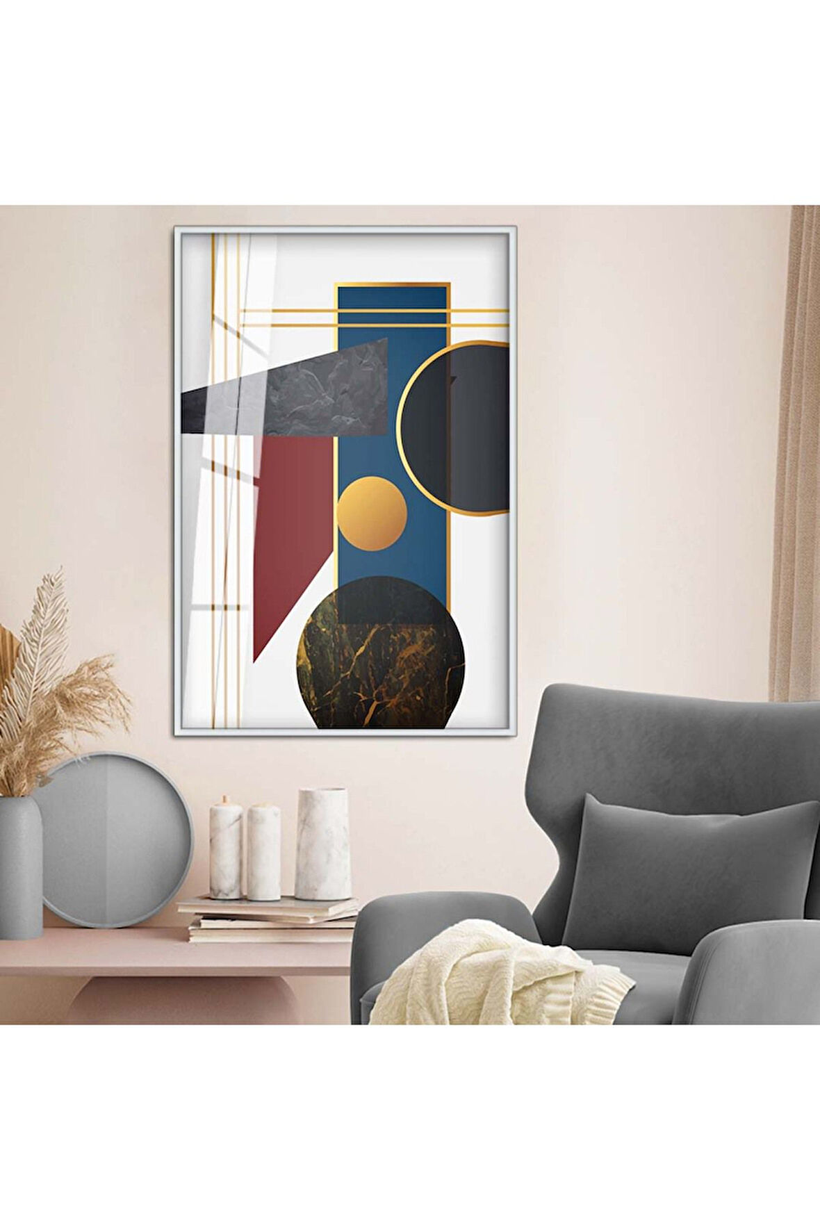 Siyah Metal Çerçeveli Modern Çizim Geometrik Desen Kırılmaz Cam Tablo
