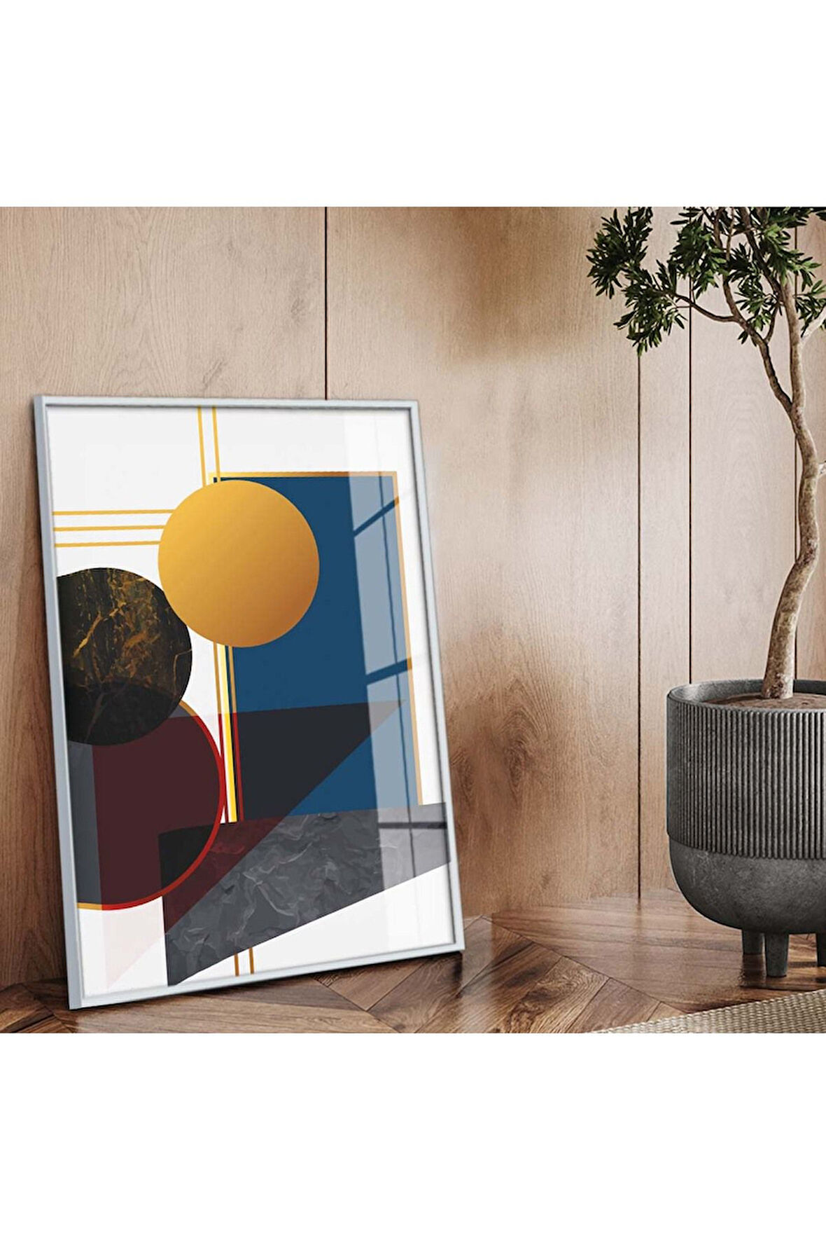 Gümüş Metal Çerçeveli Modern Çizim Geometrik Desen Kırılmaz Cam Tablo