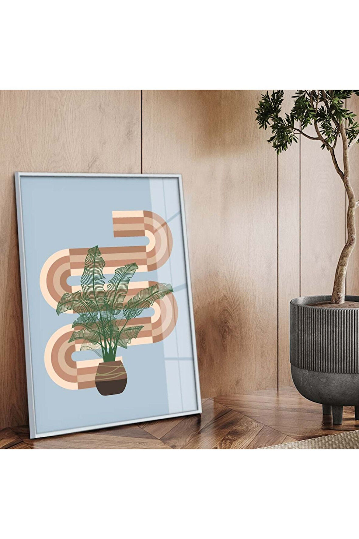 Gümüş Metal Çerçeveli Modern Çizim Bitki Tema Kırılmaz Cam Tablo