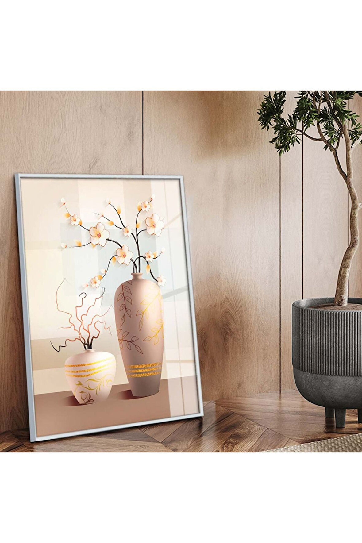 Gümüş Metal Çerçeveli Modern Çizim Vazo Tema Kırılmaz Cam Tablo