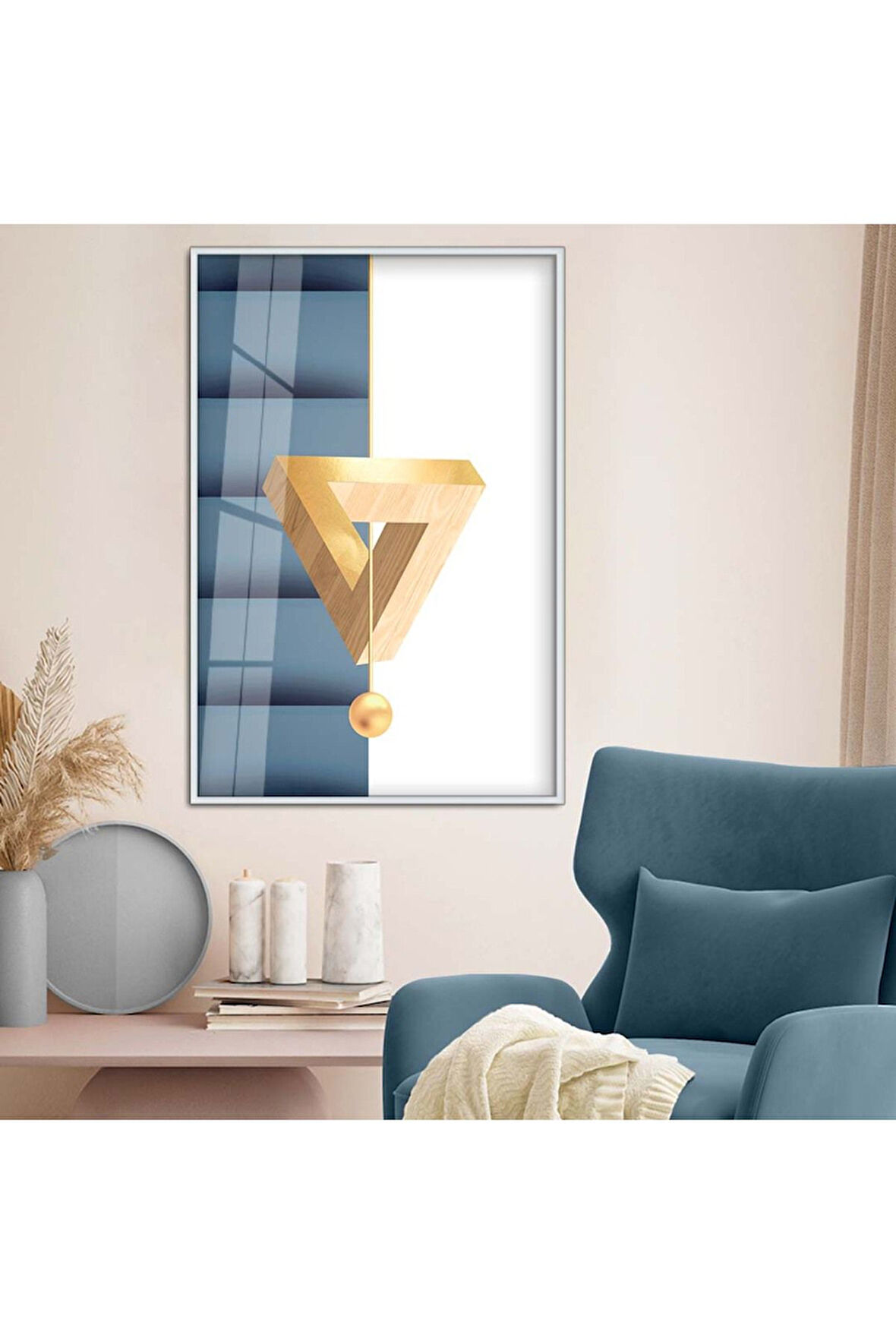 Gold Metal Çerçeveli Geometrik Çizim Soyut Tema Kırılmaz Cam Tablo