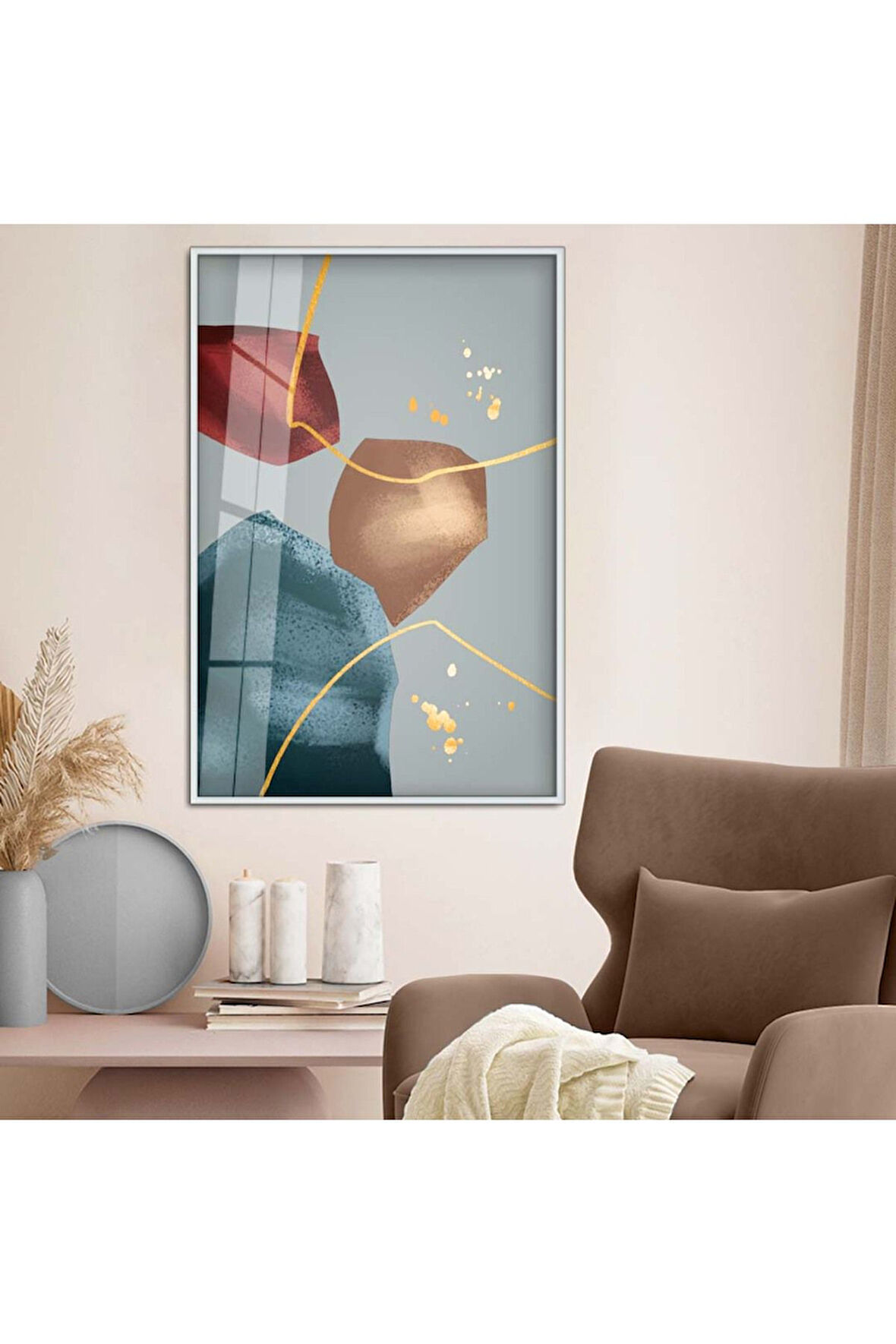 Siyah Metal Çerçeveli Kolaj Çizim Soyut Tema Kırılmaz Cam Tablo