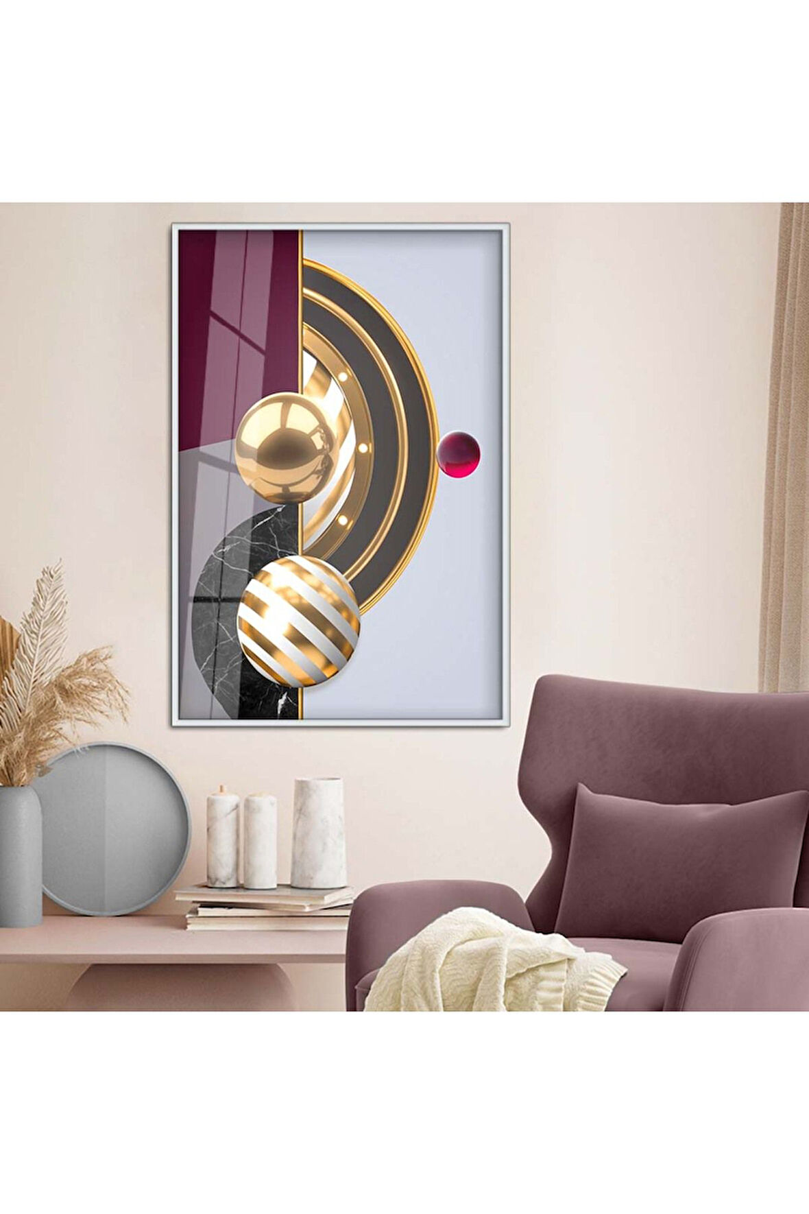 Gold Metal Çerçeveli Geometrik Çizim Soyut Tema Kırılmaz Cam Tablo