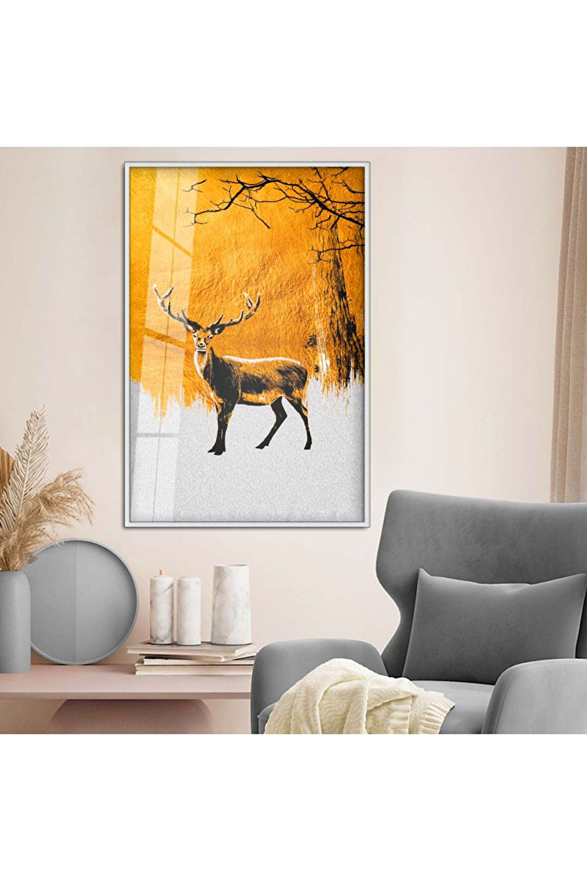 Gold Metal Çerçeveli Modern Çizim Geyik Tema Kırılmaz Cam Tablo