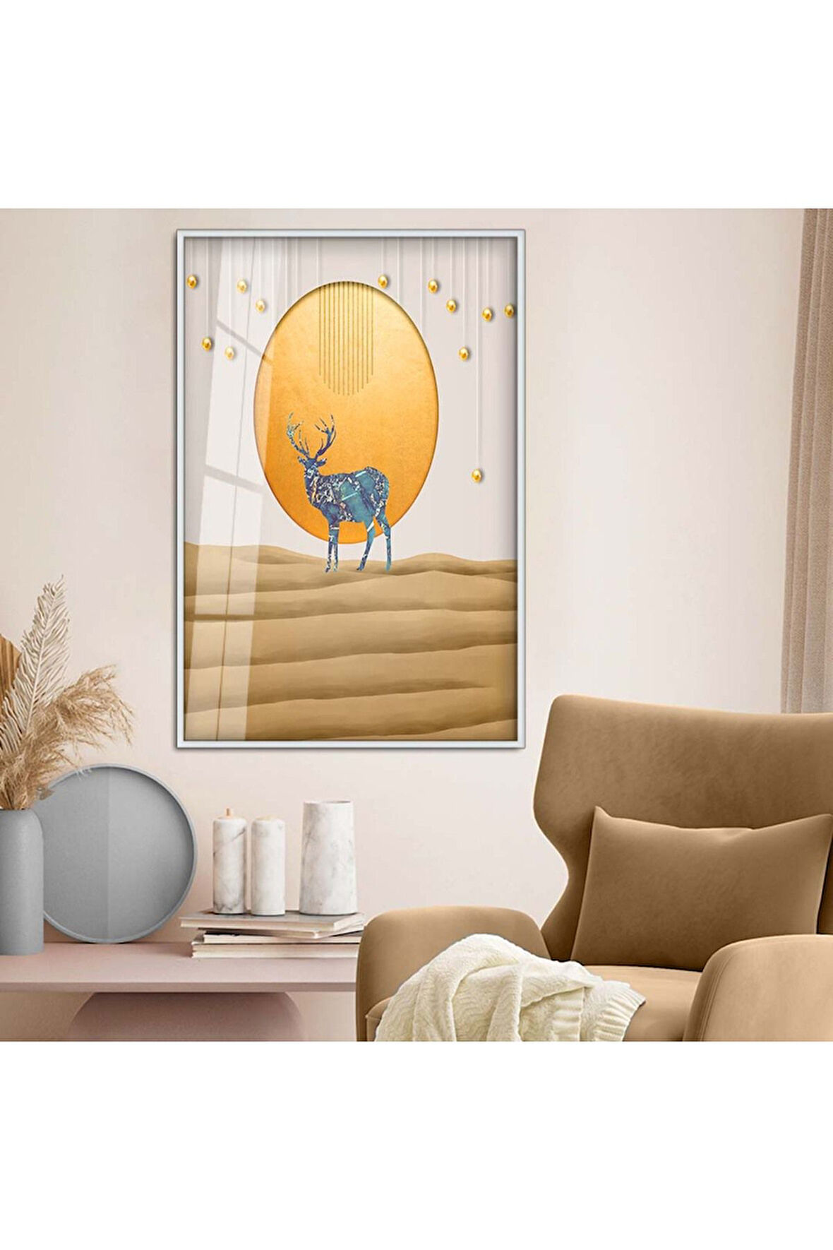 Siyah Metal Çerçeveli Modern Çizim Geyik Tema Kırılmaz Cam Tablo