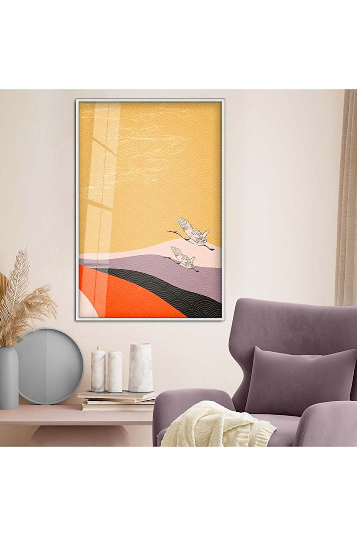 Siyah Metal Çerçeveli Modern Çizim Kuş Figür Kırılmaz Cam Tablo