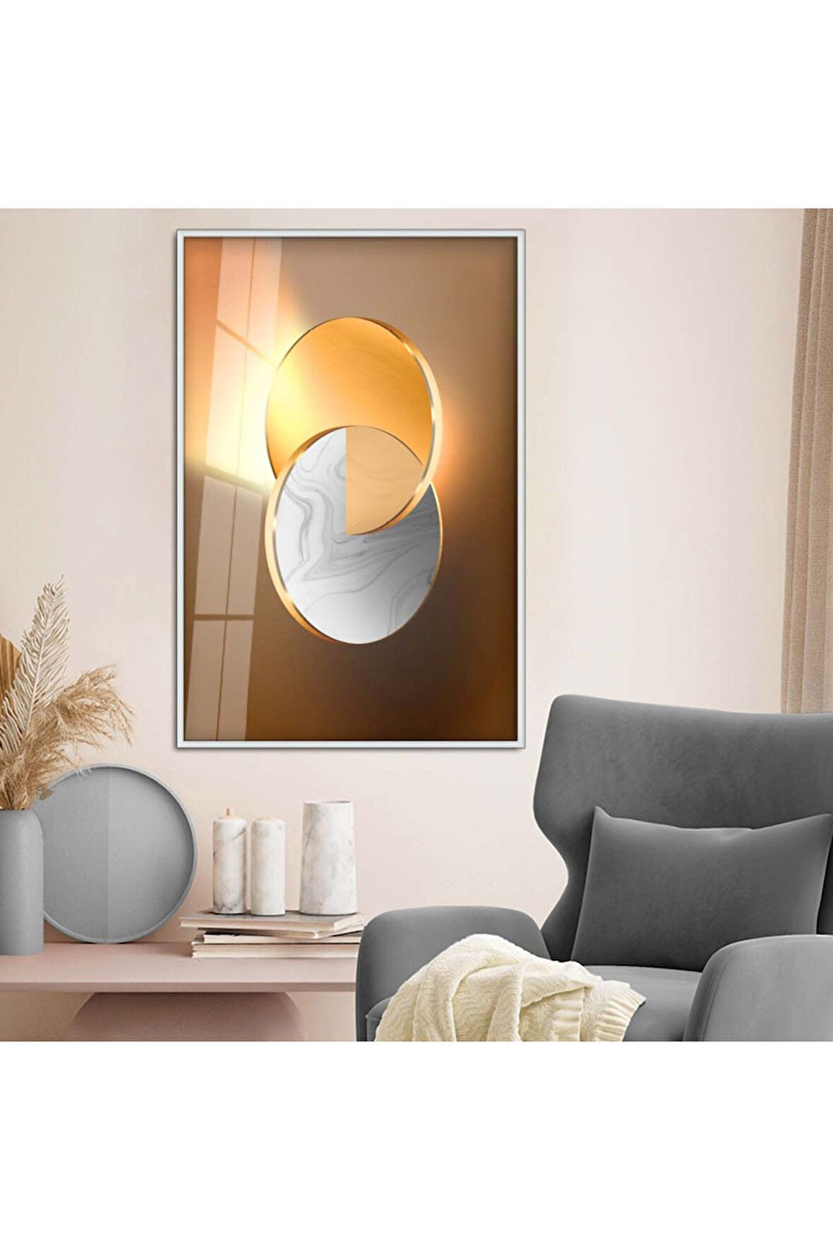 Gold Metal Çerçeveli Geometrik Çizim Soyut Tema Kırılmaz Cam Tablo