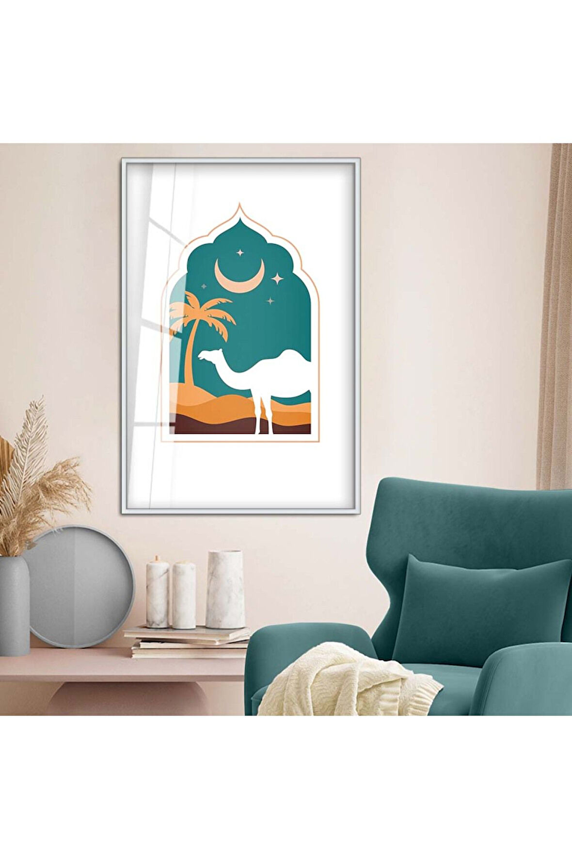 Gold Metal Çerçeveli Modern Çizim Deve Figür Kırılmaz Cam Tablo