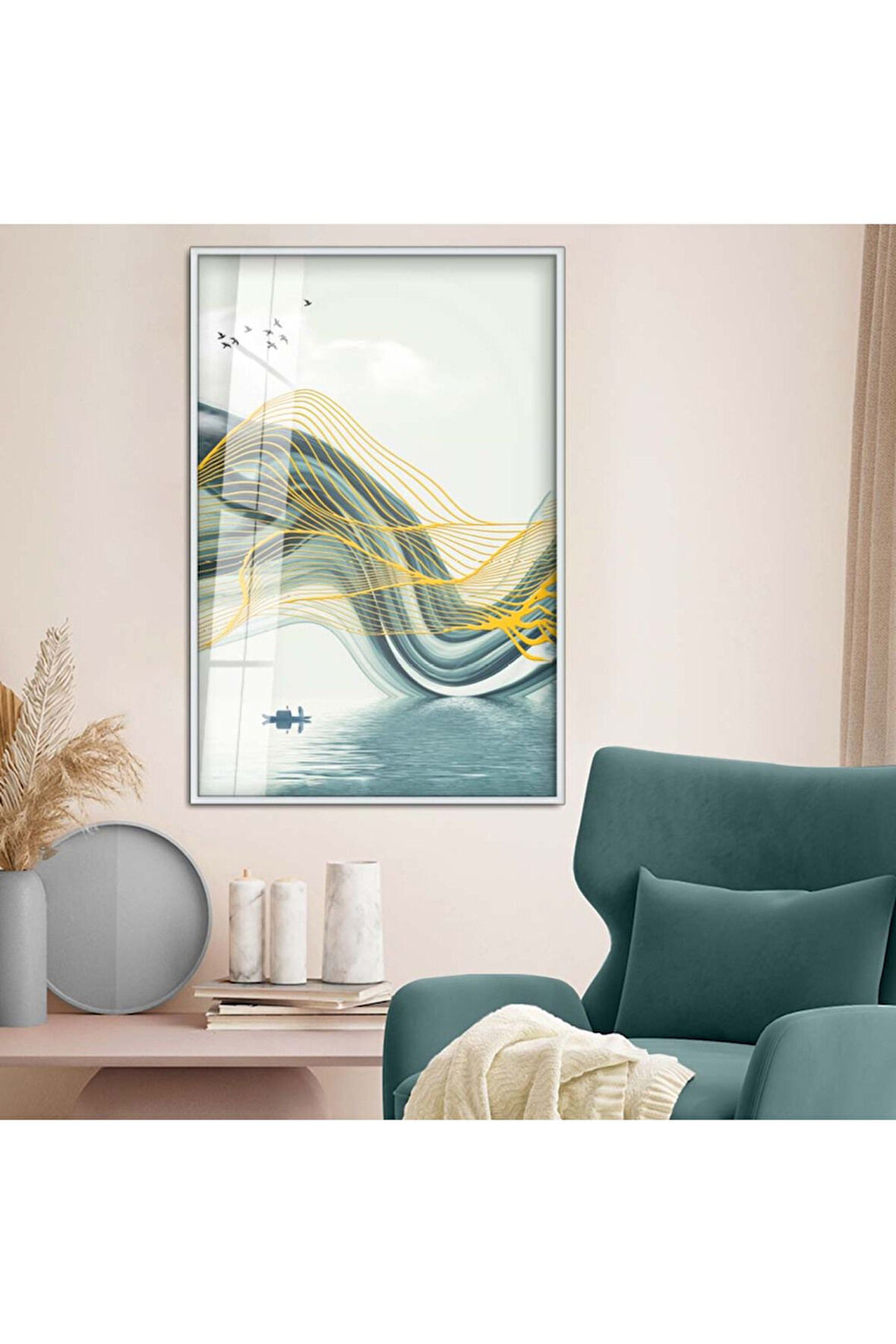 Gold Metal Çerçeveli Modern Çizim Soyut Tema Kırılmaz Cam Tablo