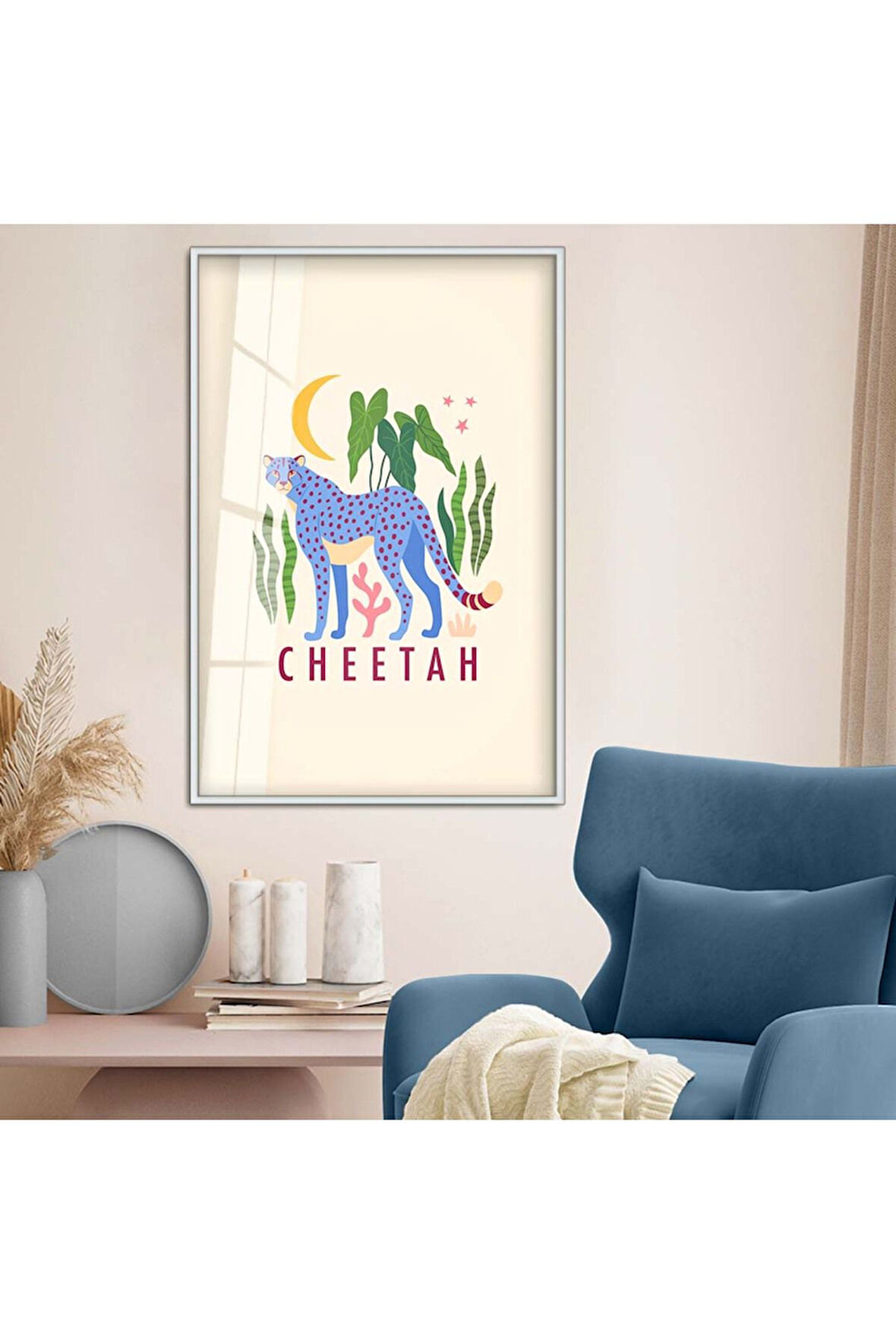 Gold Metal Çerçeveli Kolaj Çizim Çita Figür Tema Kırılmaz Cam Tablo