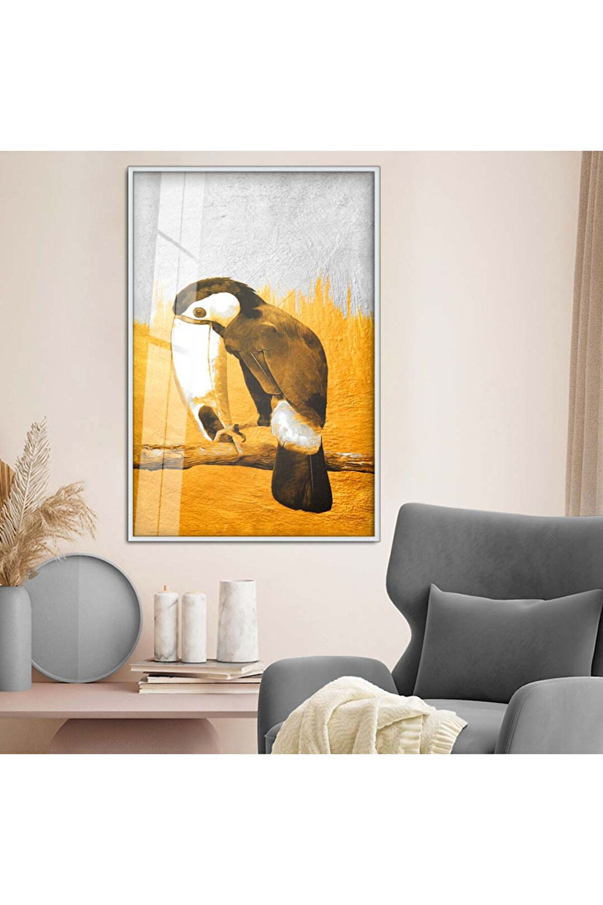 Siyah Metal Çerçeveli Modern Çizim Papağan Figür Kırılmaz Cam Tablo