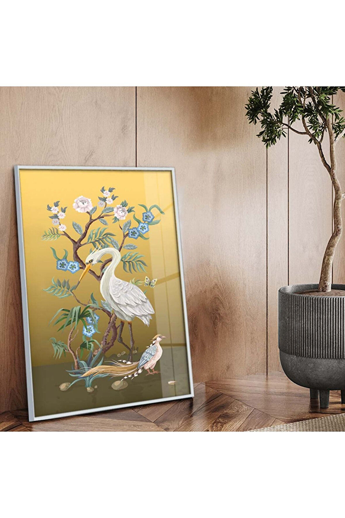 Gümüş Metal Çerçeveli Modern Çizim Tavus Kuşu Figür Kırılmaz Cam Tablo