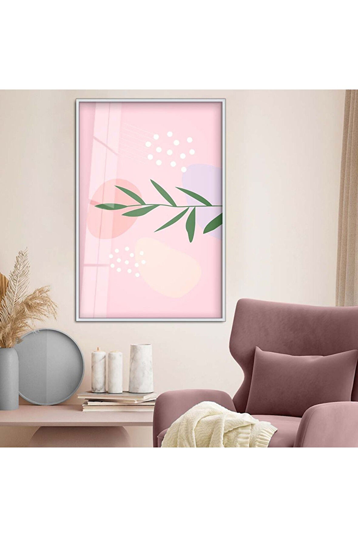 Siyah Metal Çerçeveli Modern Çizim Yaprak Tema Kırılmaz Cam Tablo