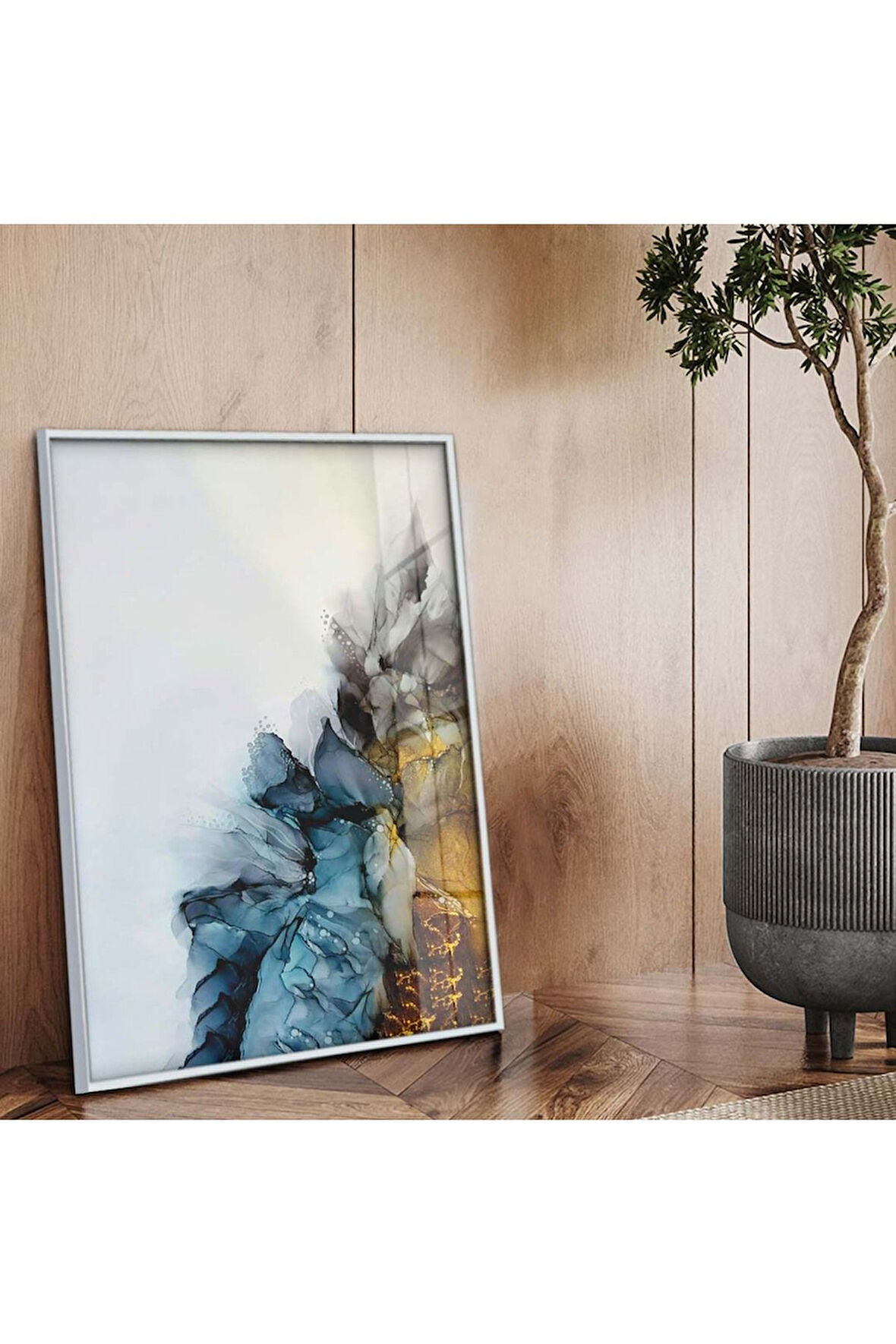 Gümüş Metal Çerçeveli Modern Çizim Soyut Tema Kırılmaz Cam Tablo