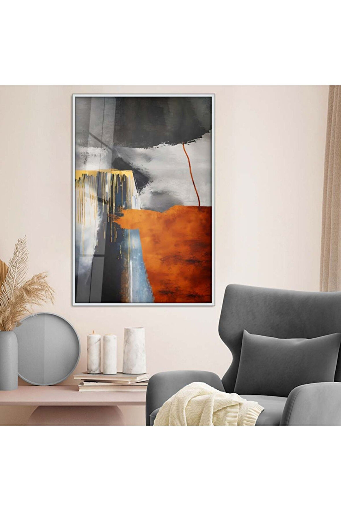 Gold Metal Çerçeveli Kolaj Çizim Kırılmaz Cam Tablo