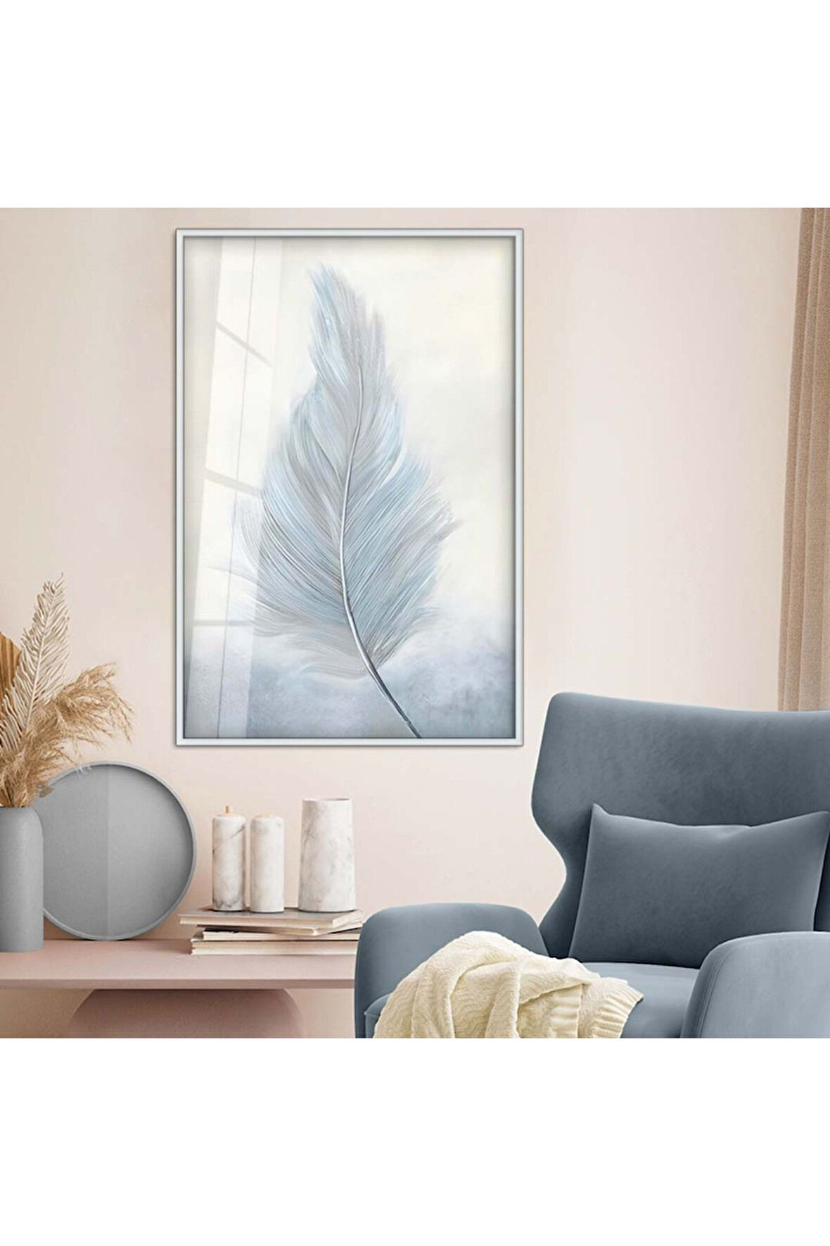 Siyah Metal Çerçeveli Beyaz Kuş Tüyü Kırılmaz Cam Tablo