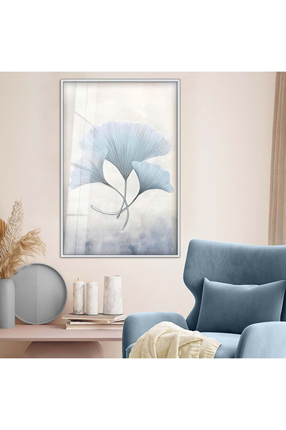 Siyah Metal Çerçeveli Beyaz Çiçek Kırılmaz Cam Tablo