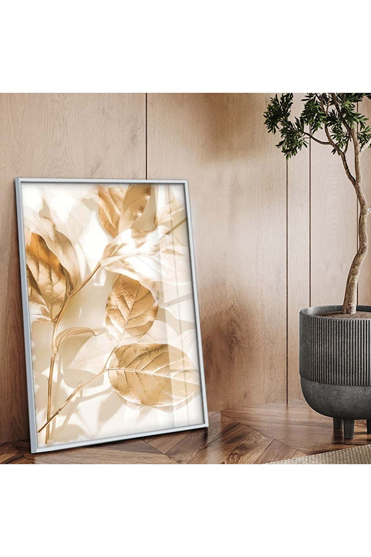 Gümüş Metal Çerçeveli Gold Yaprak Tema Kırılmaz Cam Tablo