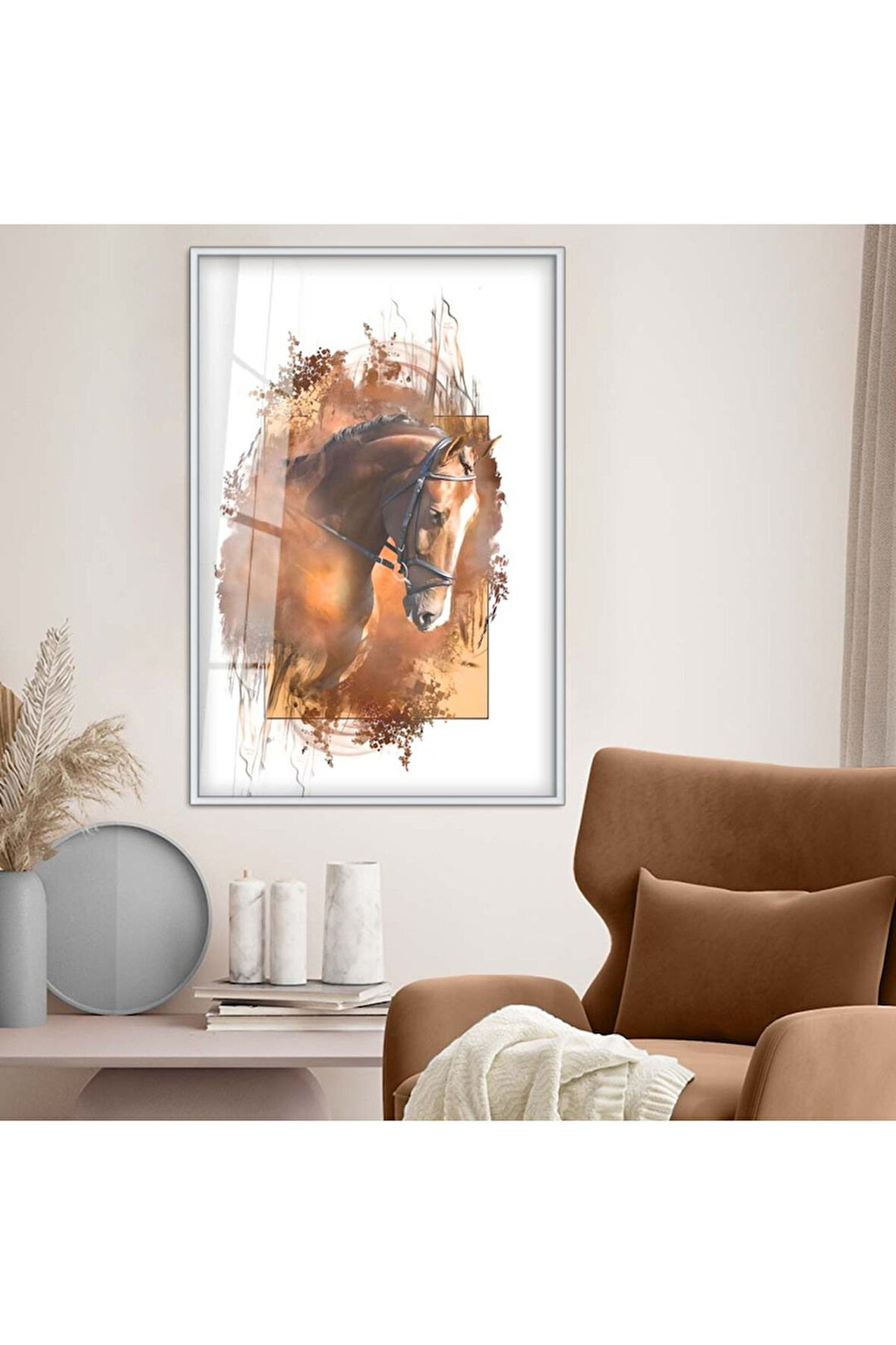 Siyah Metal Çerçeveli At Figür Modern Çizim Kırılmaz Cam Tablo