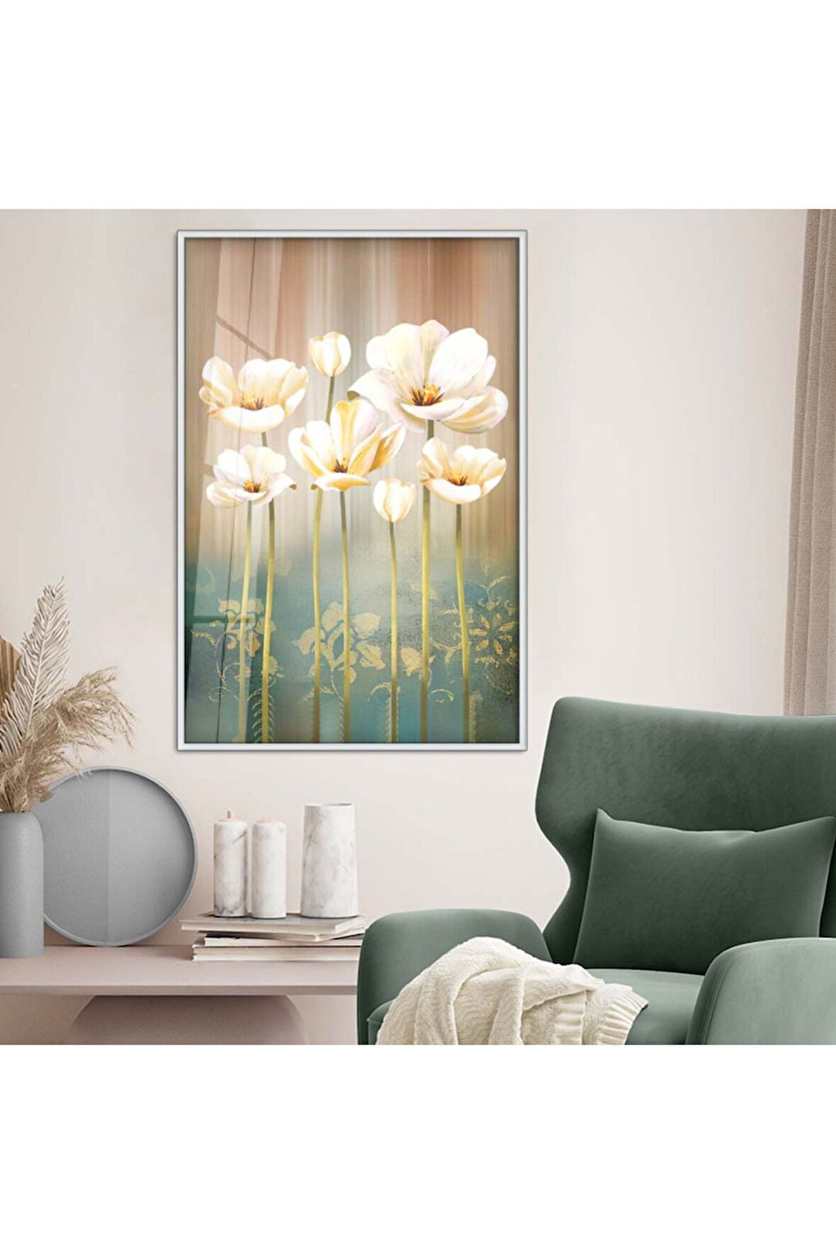 Gold Metal Çerçeveli Beyaz Çiçek Kırılmaz Cam Tablo