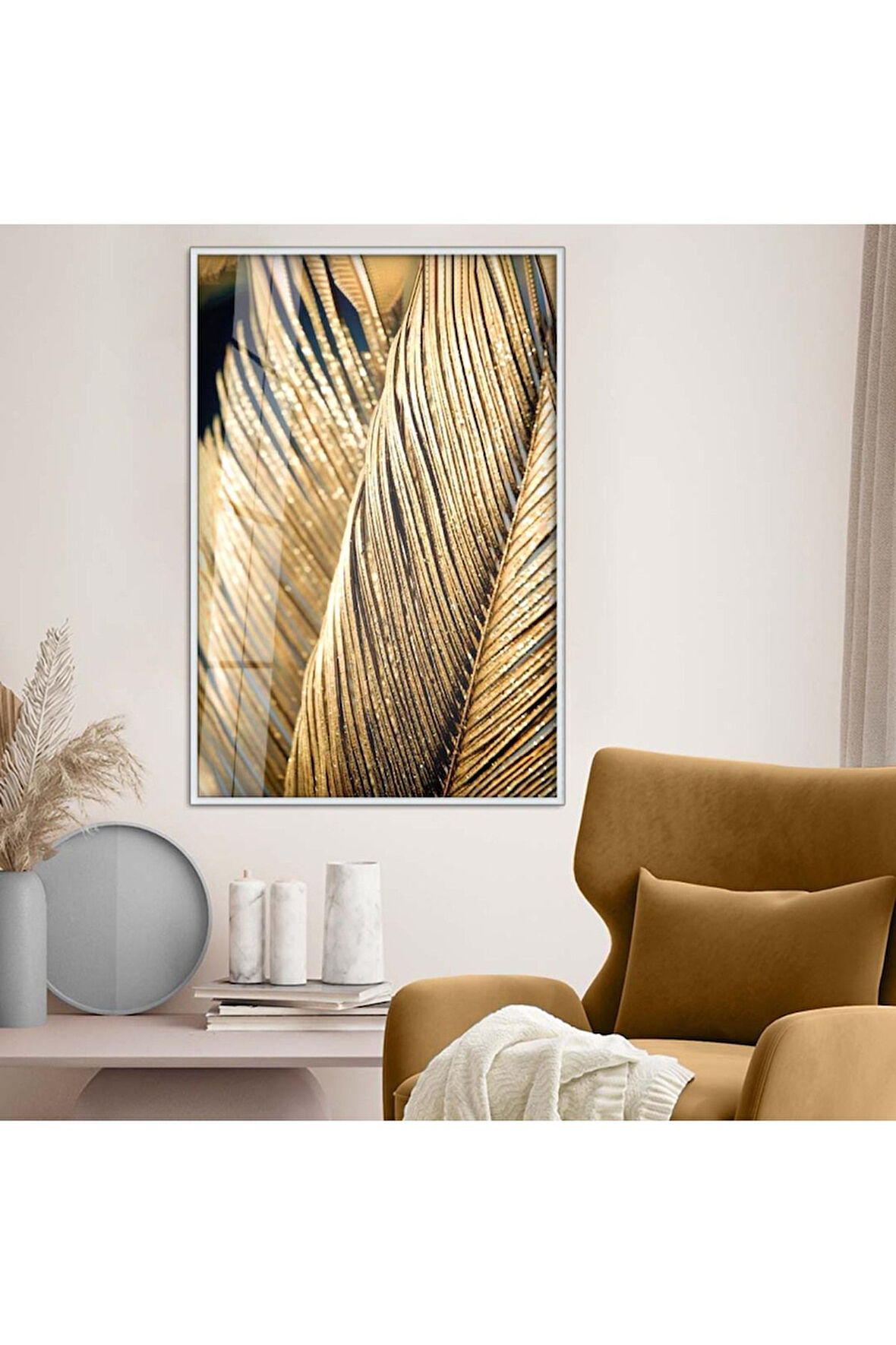 Siyah Metal Çerçeveli Modern Çizim Gold Yaprak Tema Kırılmaz Cam Tablo