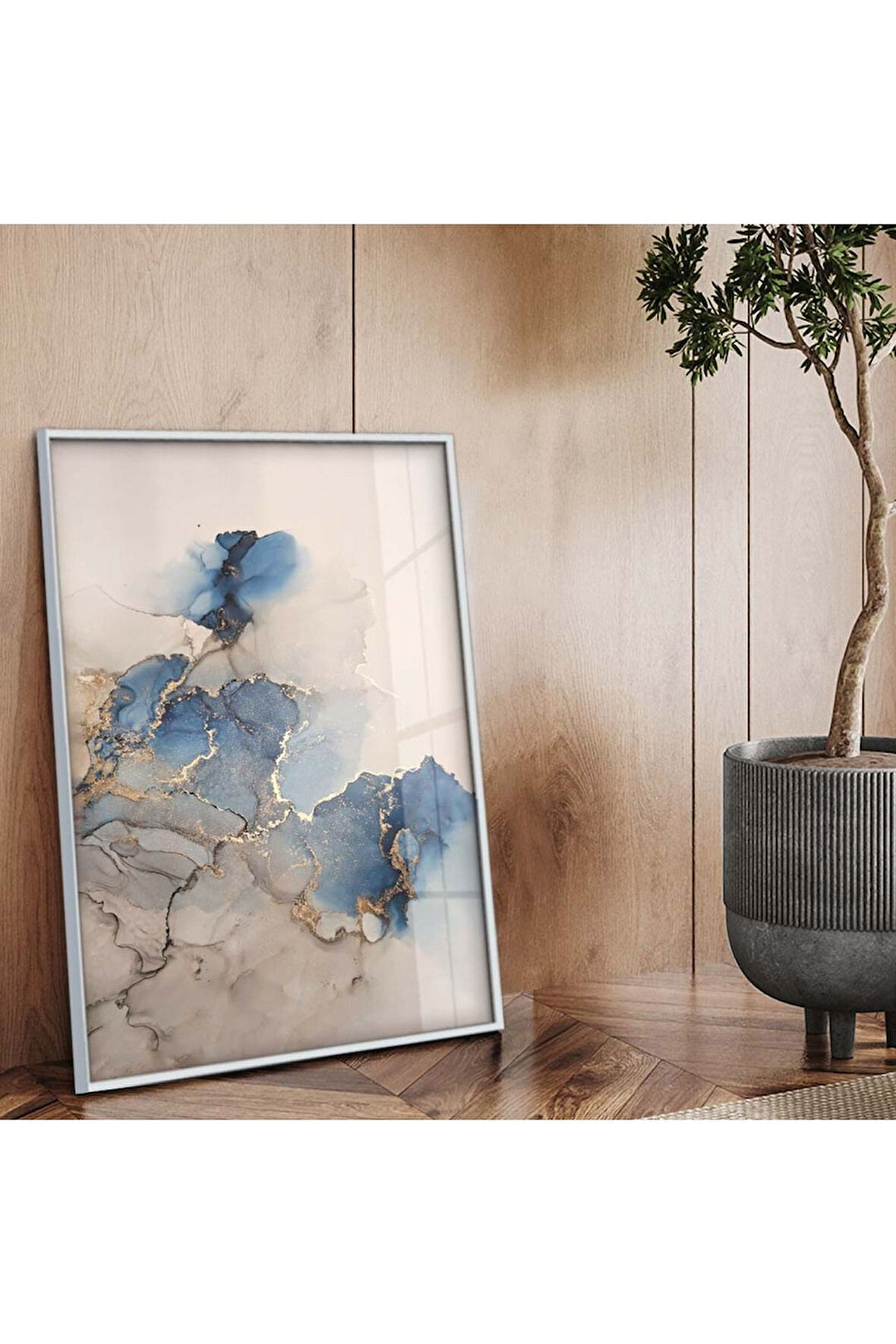 Gümüş Metal Çerçeveli Modern Çizim Soyut Tema Kırılmaz Cam Tablo