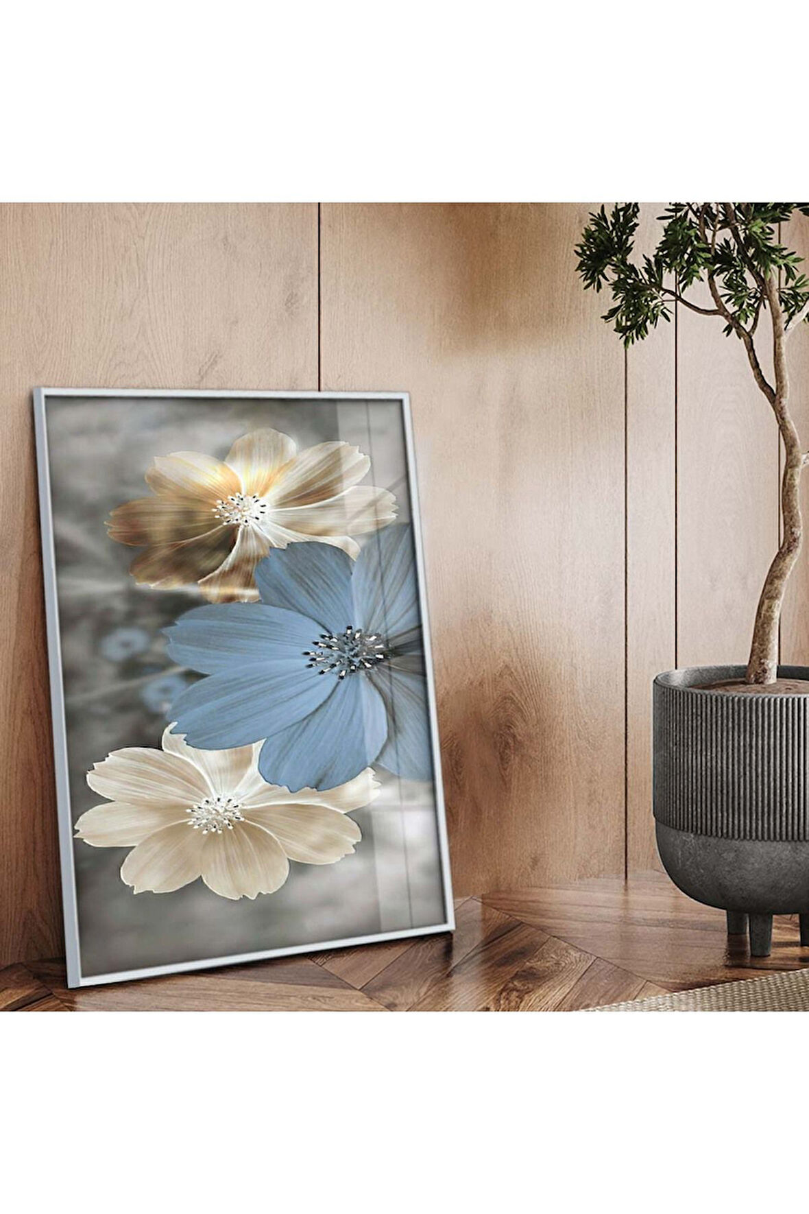 Gümüş Metal Çerçeveli Çiçek Desen Kırılmaz Cam Tablo