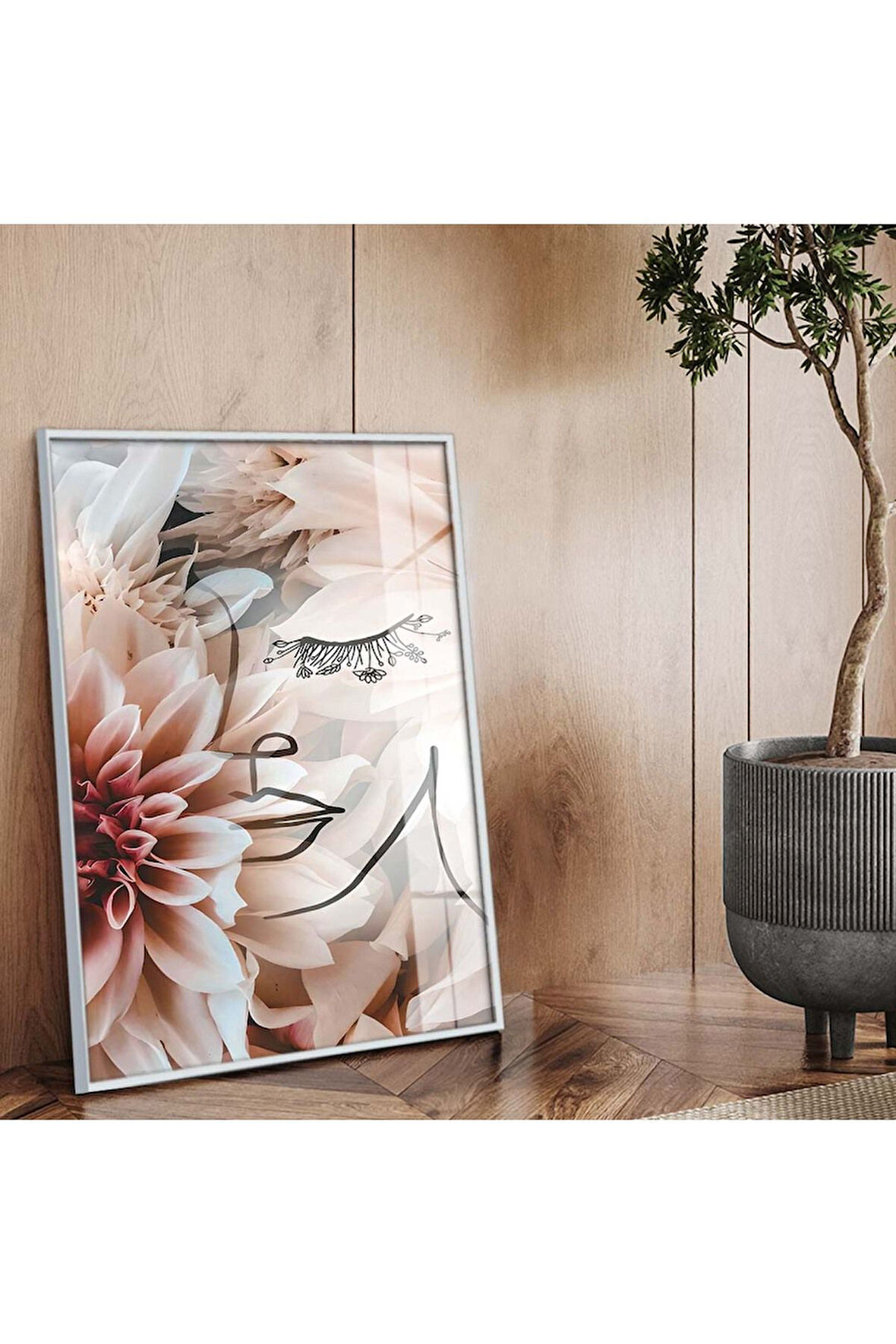 Gümüş Metal Çerçeveli Kolaj Çizim Çiçek Desen Kırılmaz Cam Tablo