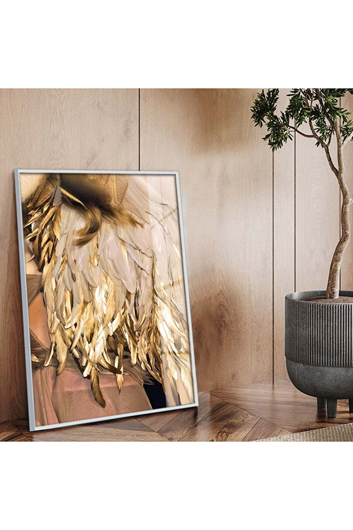 Gümüş Metal Çerçeveli Yaprak Desen Kırılmaz Cam Tablo