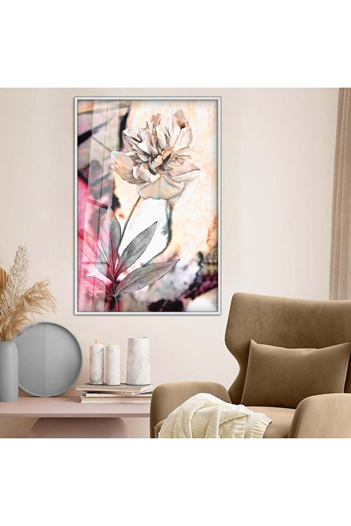 Gold Metal Çerçeveli Çiçek Desen Modern Çizim Kırılmaz Cam Tablo