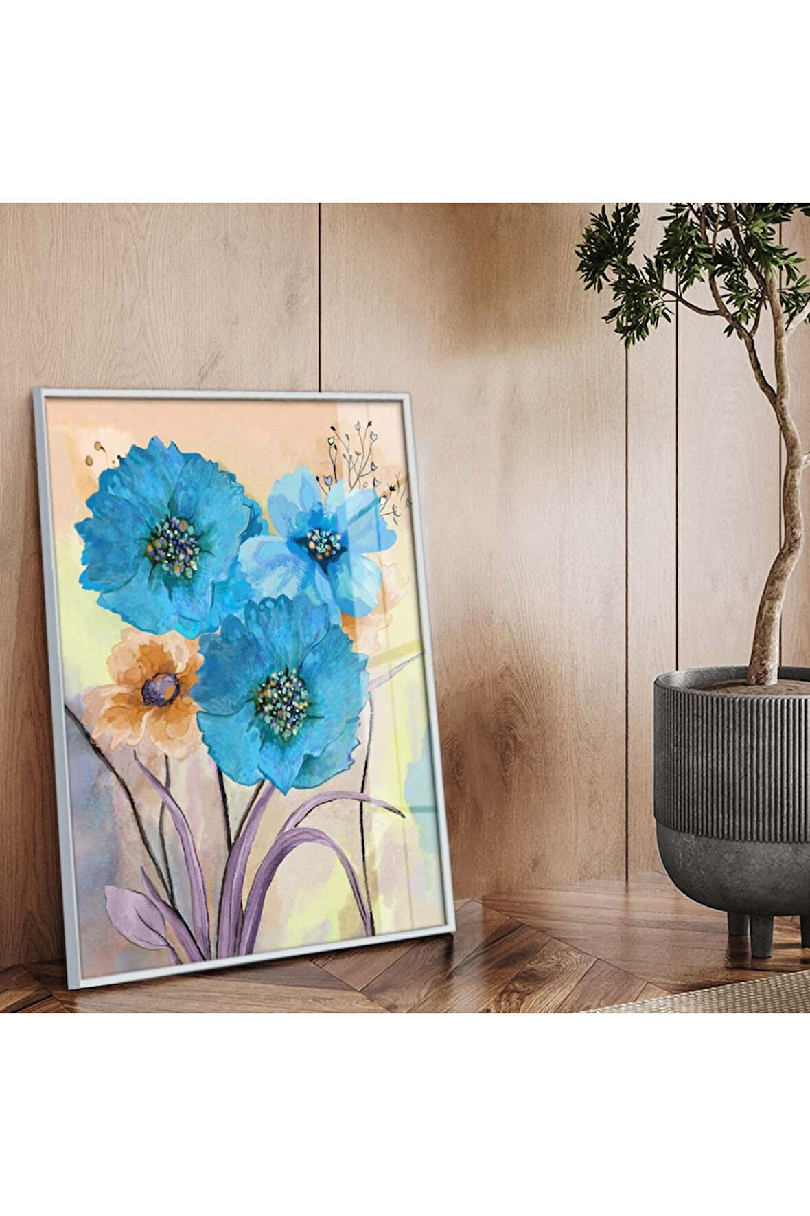 Gümüş Metal Çerçeveli Mavi Çiçek Modern Çizim Kırılmaz Cam Tablo