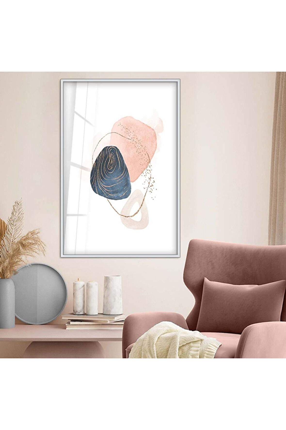 Siyah Metal Çerçeveli Kolaj Çizim Soyut Tema Kırılmaz Cam Tablo