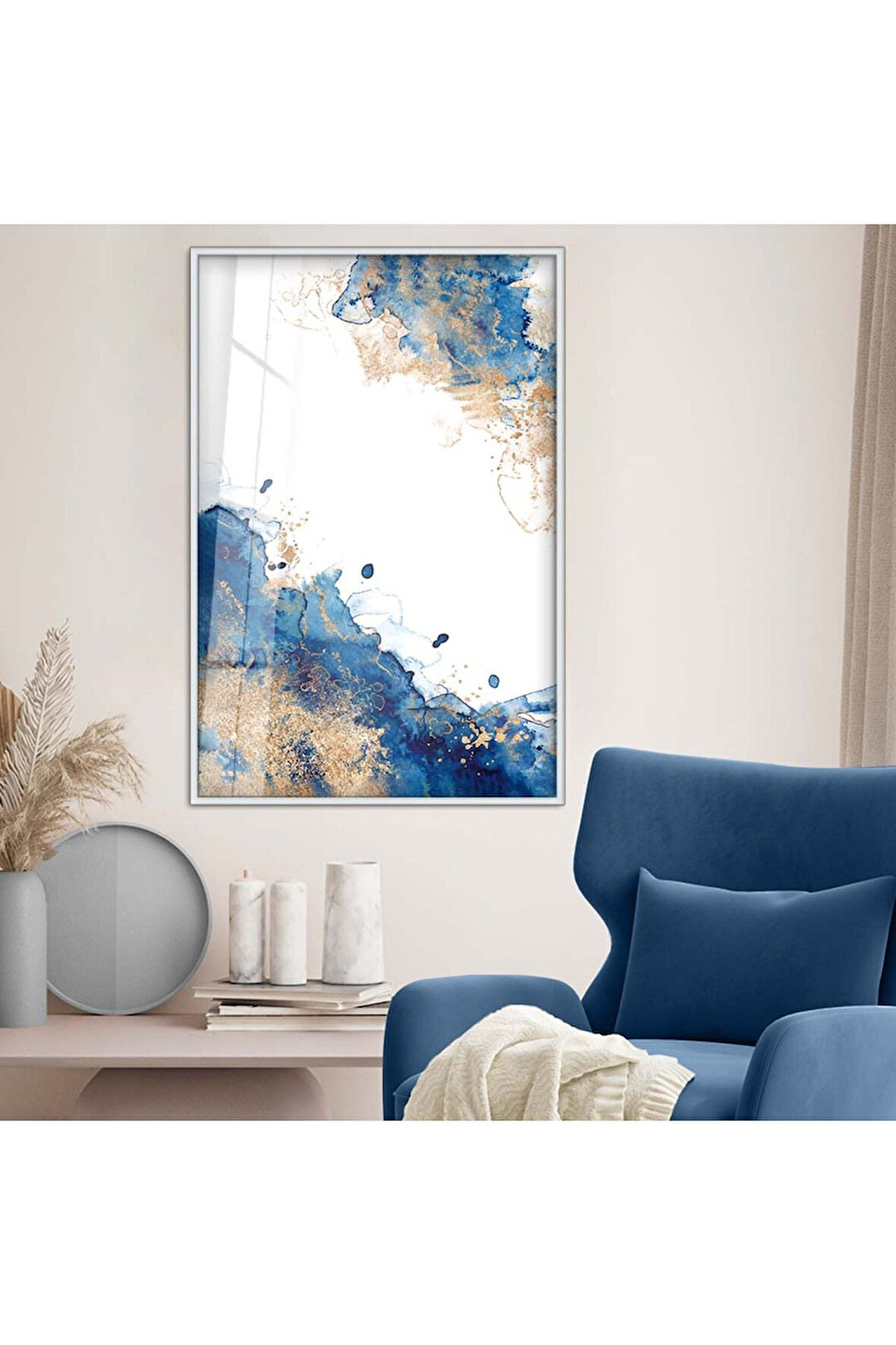 Gold Metal Çerçeveli Soyut Tema Modern Çizim Kırılmaz Cam Tablo