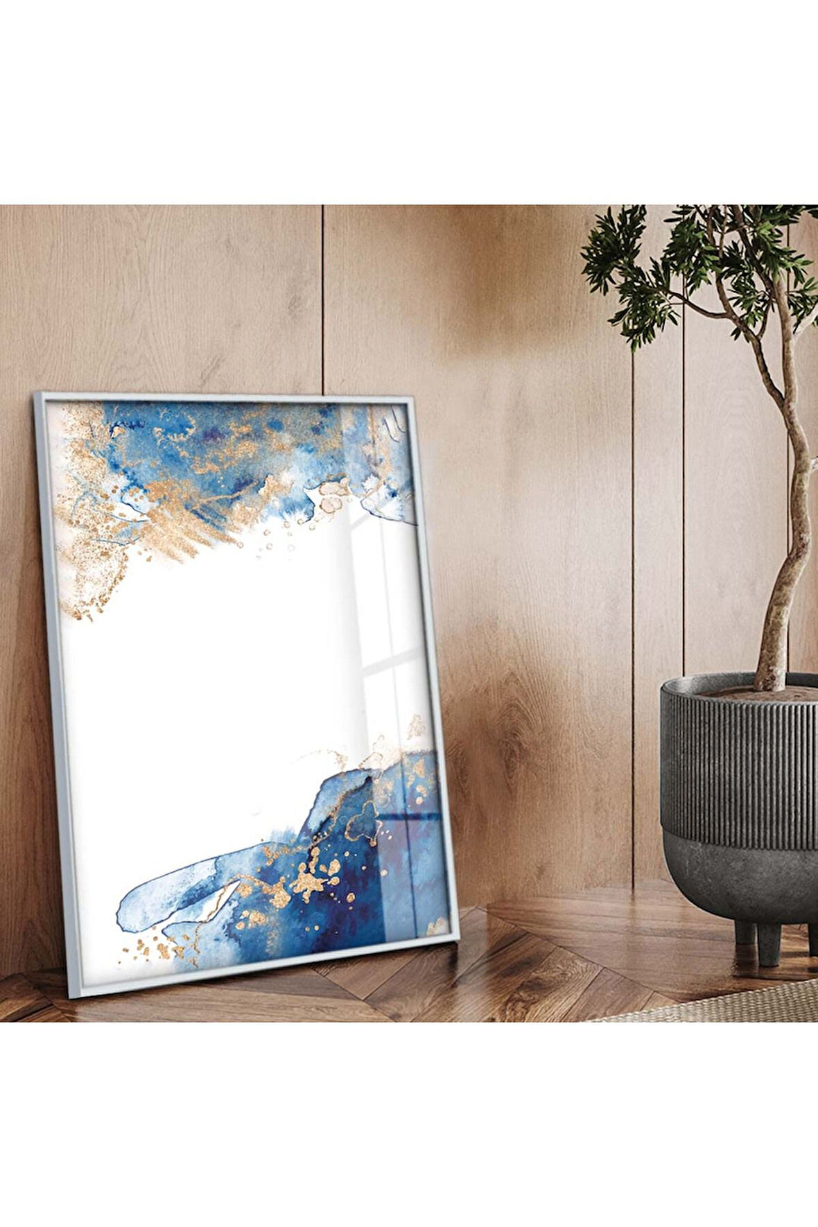 Gümüş Metal Çerçeveli Soyut Tema Modern Çizim Kırılmaz Cam Tablo