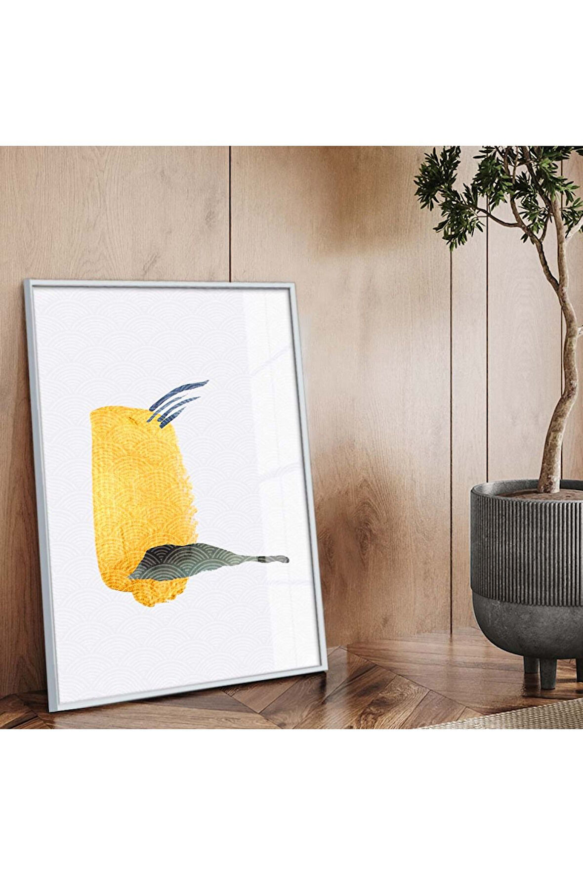 Gümüş Metal Çerçeveli Kolaj Çizim Soyut Tema Kırılmaz Cam Tablo