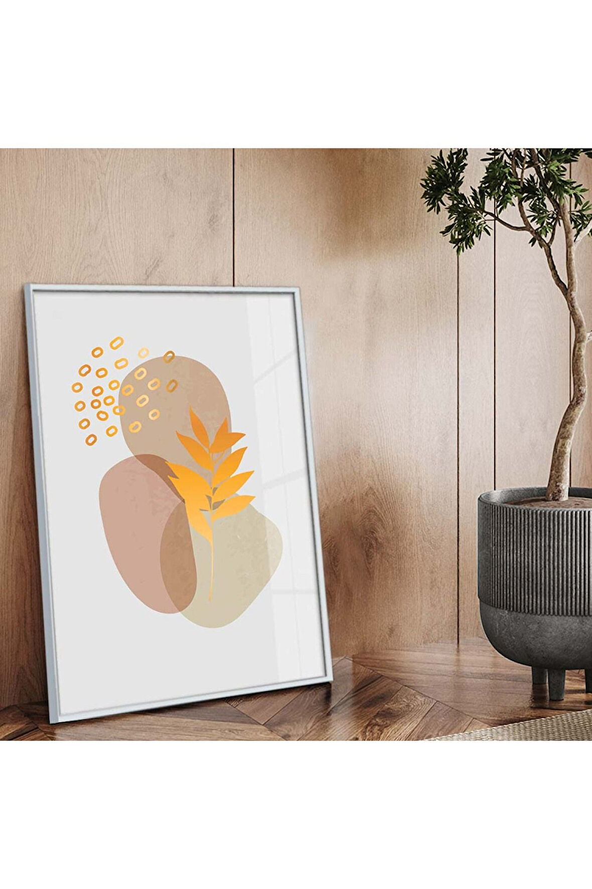 Gümüş Metal Çerçeveli Kolaj Çizim Soyut Tema Kırılmaz Cam Tablo