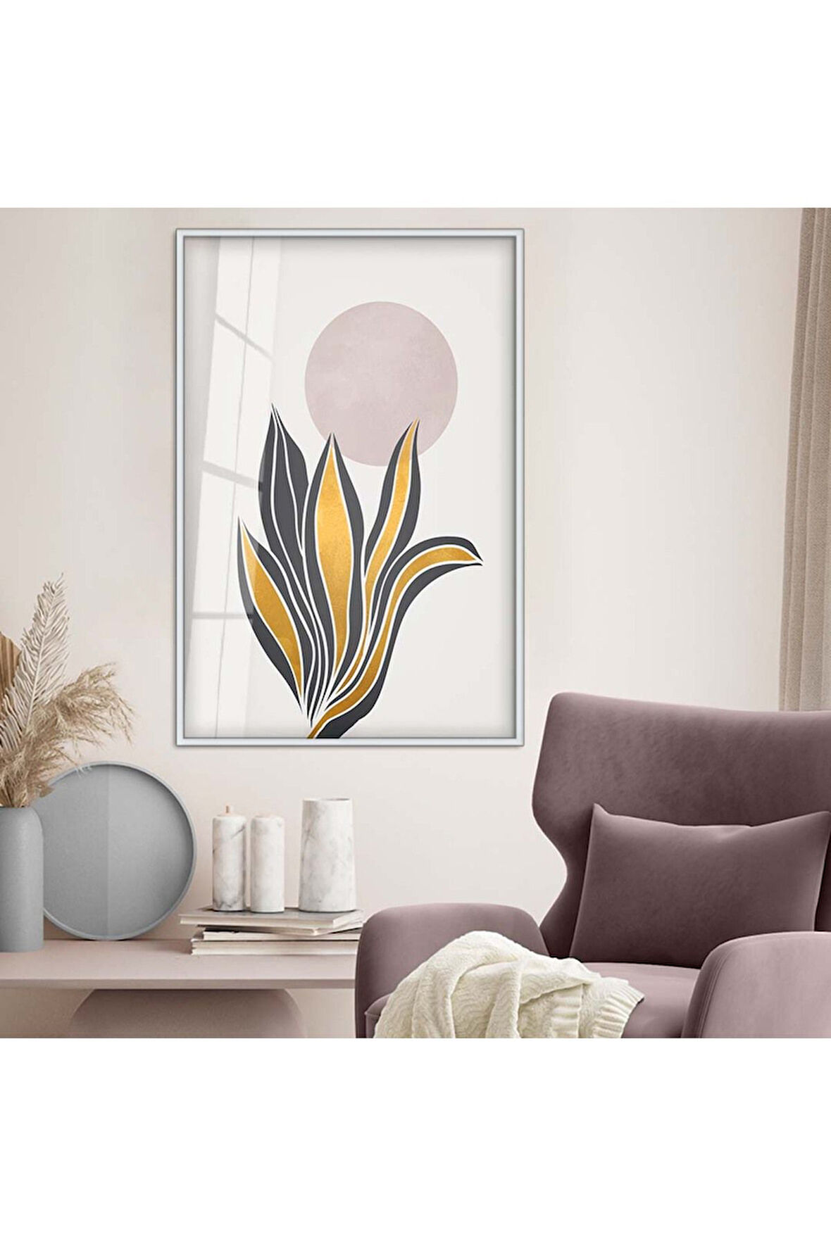 Gold Metal Çerçeveli Kolaj Çizim Modern Tema Kırılmaz Cam Tablo