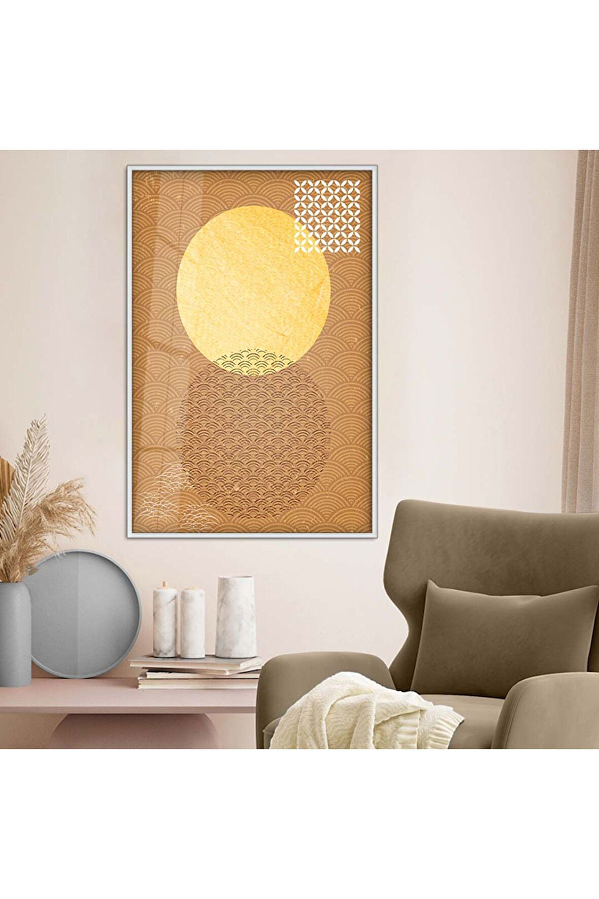 Gold Metal Çerçeveli Geometrik Desen Modern Çizim Kırılmaz Cam Tablo