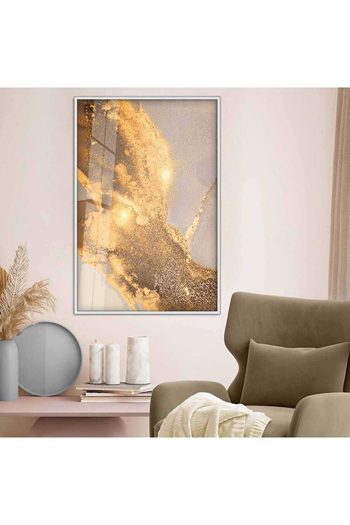 Gold Metal Çerçeveli Soyut Tema Modern Çizim Kırılmaz Cam Tablo