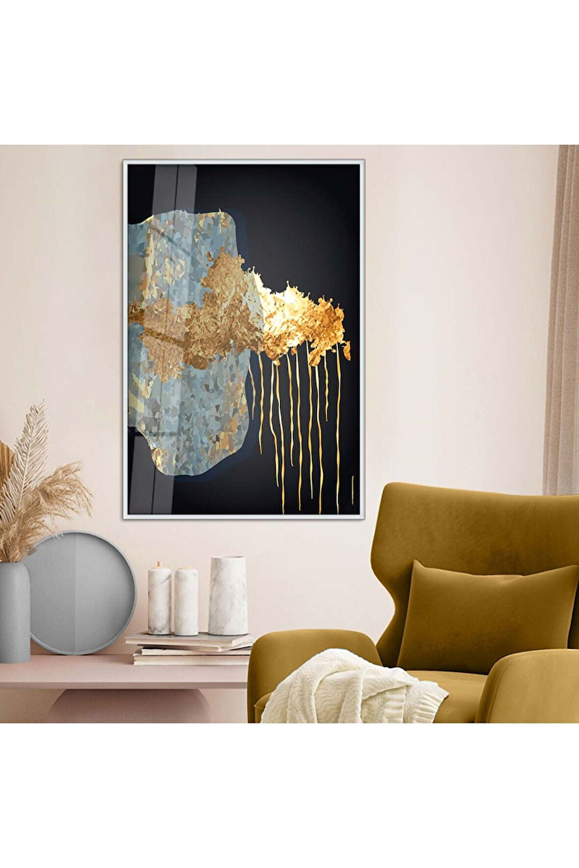 Siyah Metal Çerçeveli Kolaj Çizim Soyut Tema Kırılmaz Cam Tablo