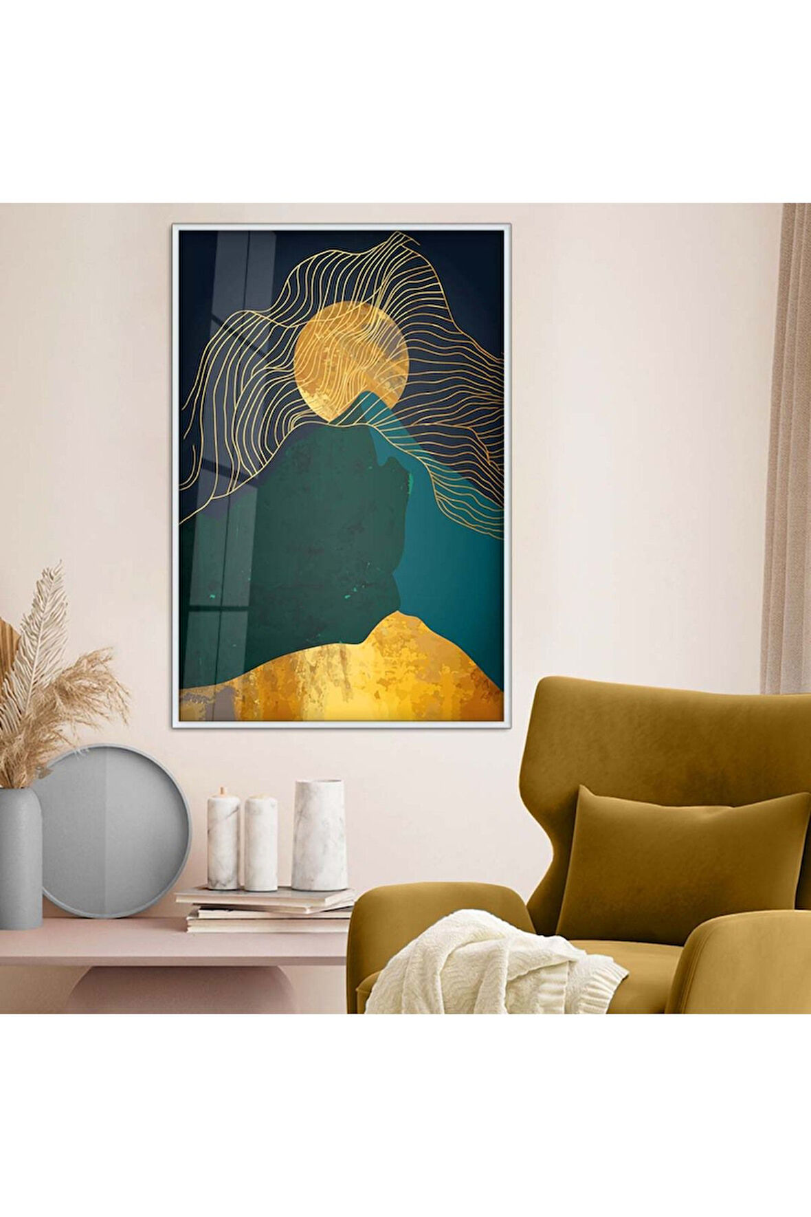 Gold Metal Çerçeveli Kolaj Çizim Kırılmaz Cam Tablo